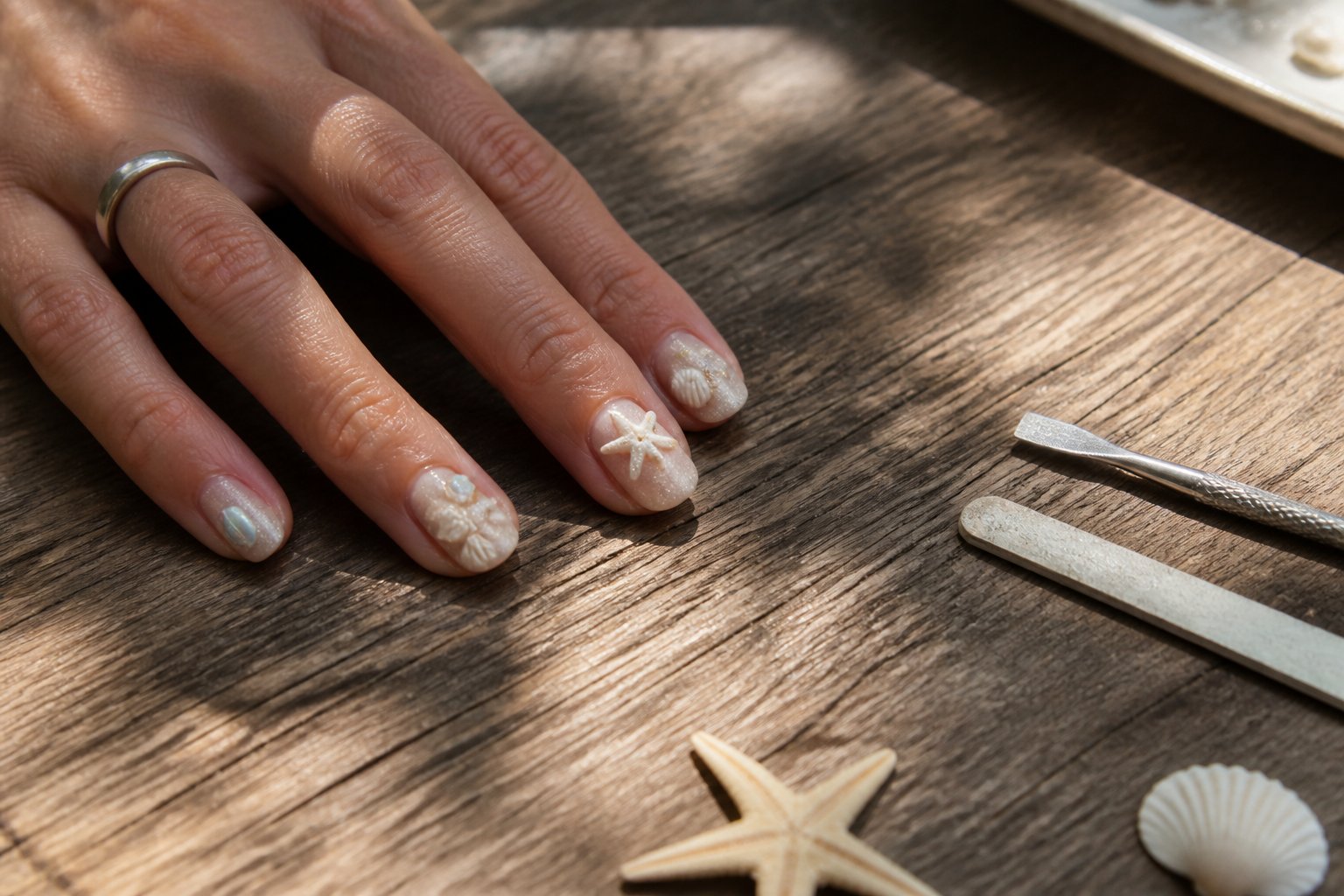 A hand with shell and starfish 3D embellished nails resting on a wooden surface next to manicure tools.