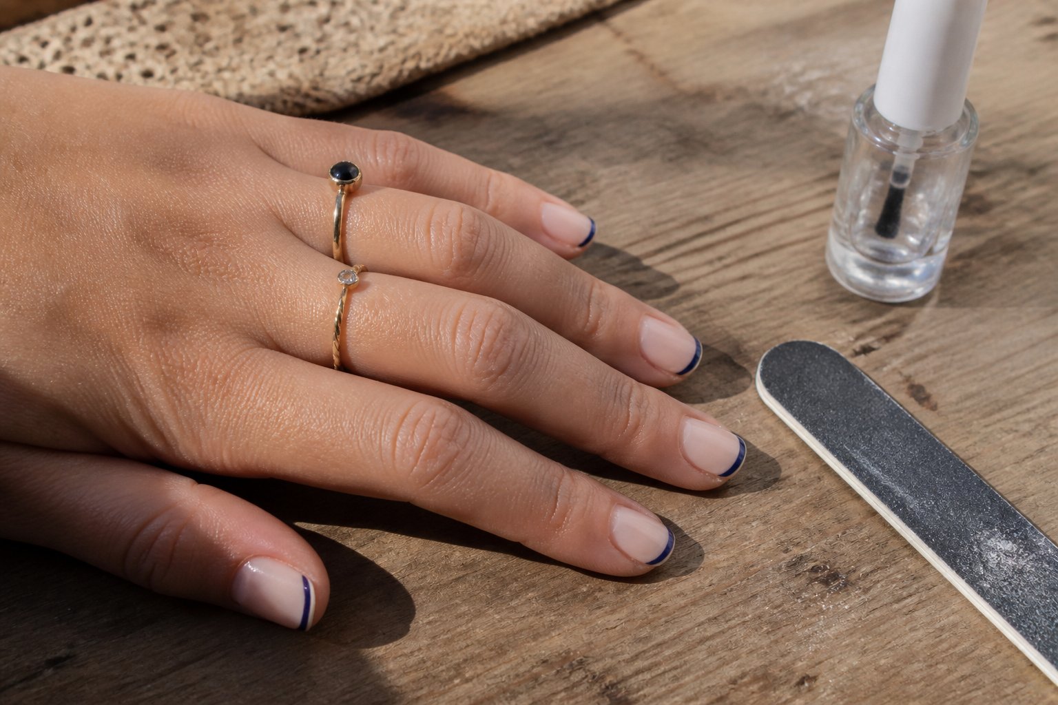 A close-up of a hand with minimalist nautical single-stripe nails resting on a wooden surface surrounded by manicure tools.