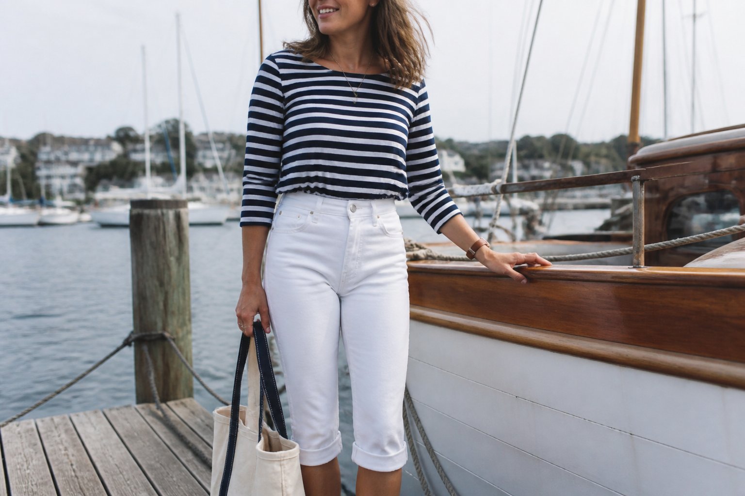 A woman wearing white high-waist capri pants and a striped navy and white top stands casually by a wooden boat railing at a marina.