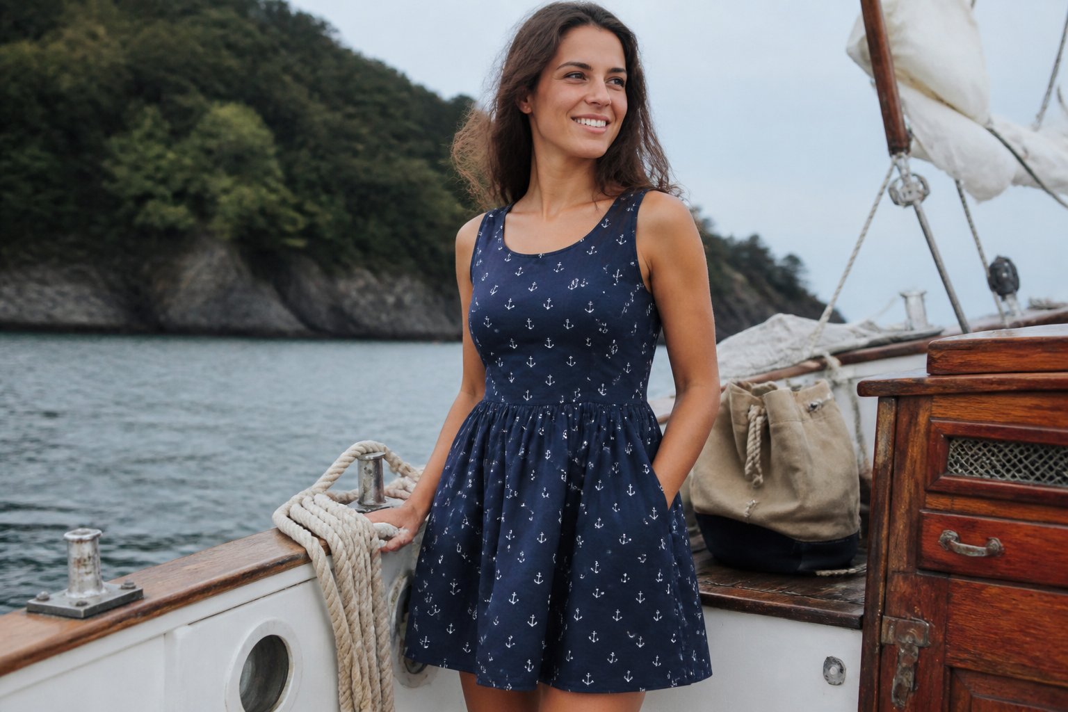 A woman wearing an anchor-print A-line dress stands casually near nautical tools in soft daylight.