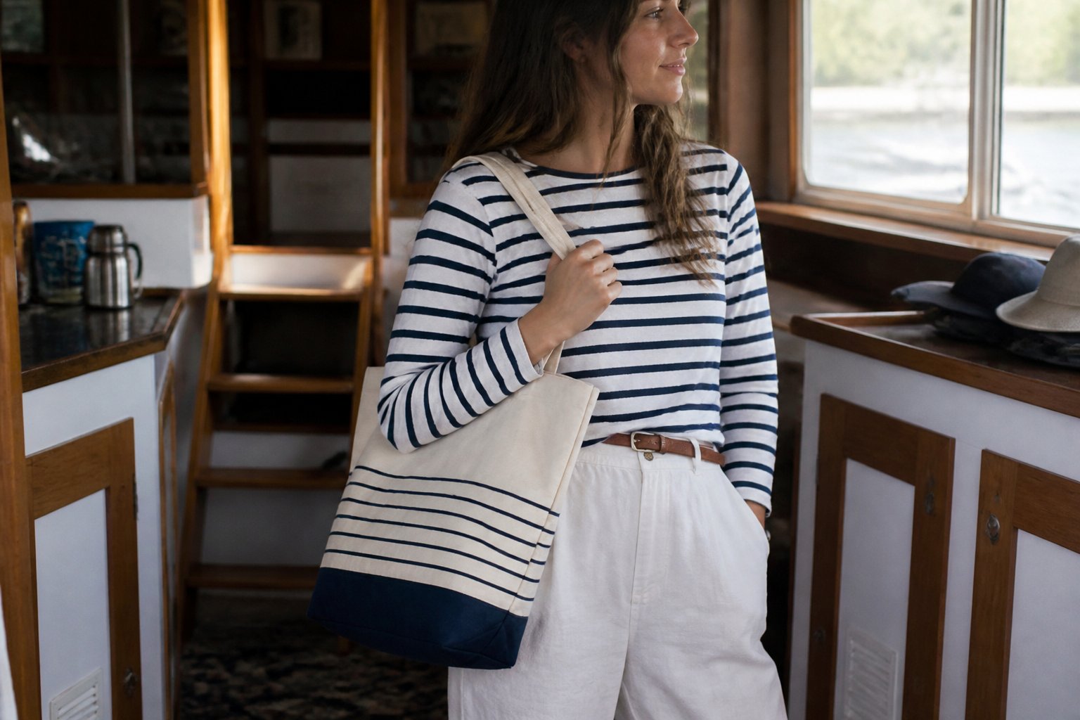 A woman in a nautical outfit holding a striped canvas tote bag in soft daylight, with natural shadows and casual surroundings.
