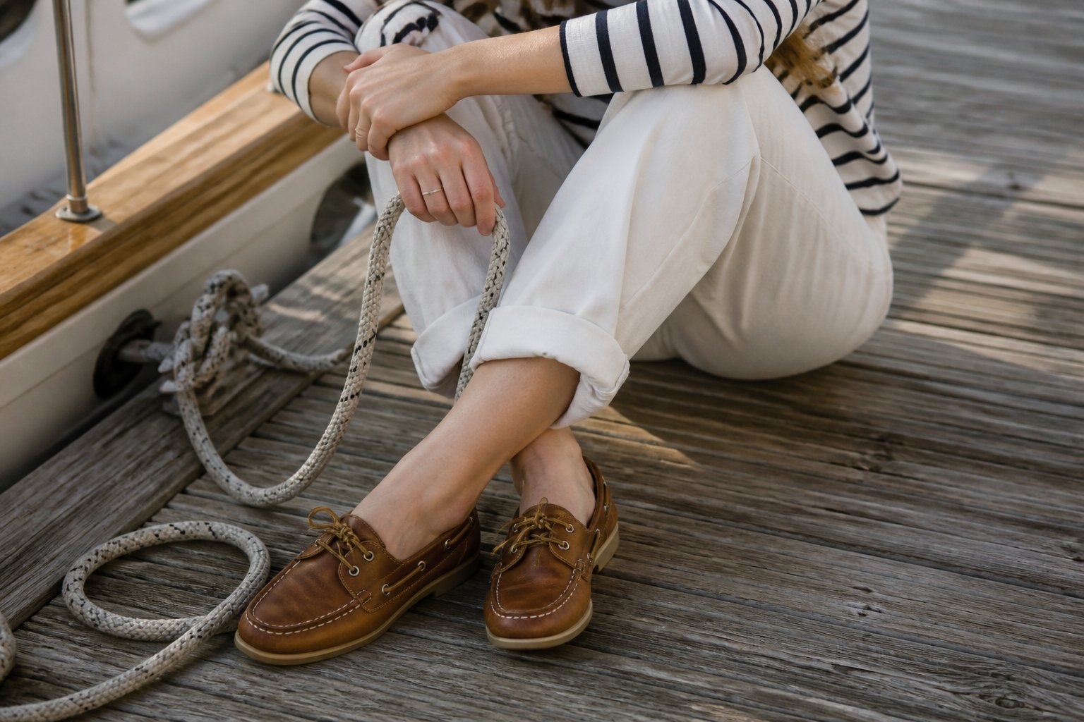 A woman wearing brown leather boat shoes and a nautical outfit standing on a wooden dock with her hands visible, captured in soft daylight.