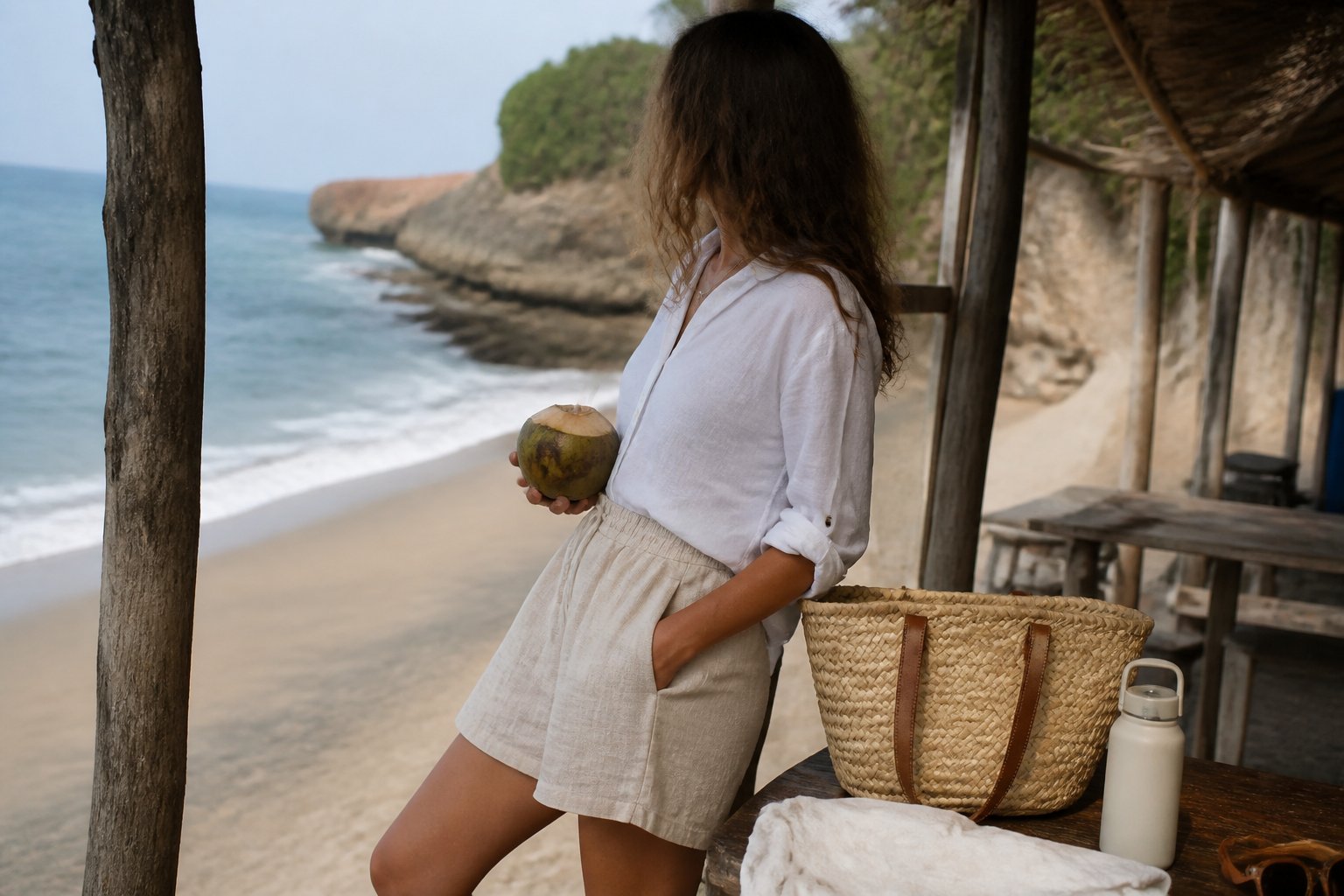 A casually dressed person wearing beach-inspired clothing stands near a sandy shore with beach bags and accessories around, bathed in soft natural daylight.