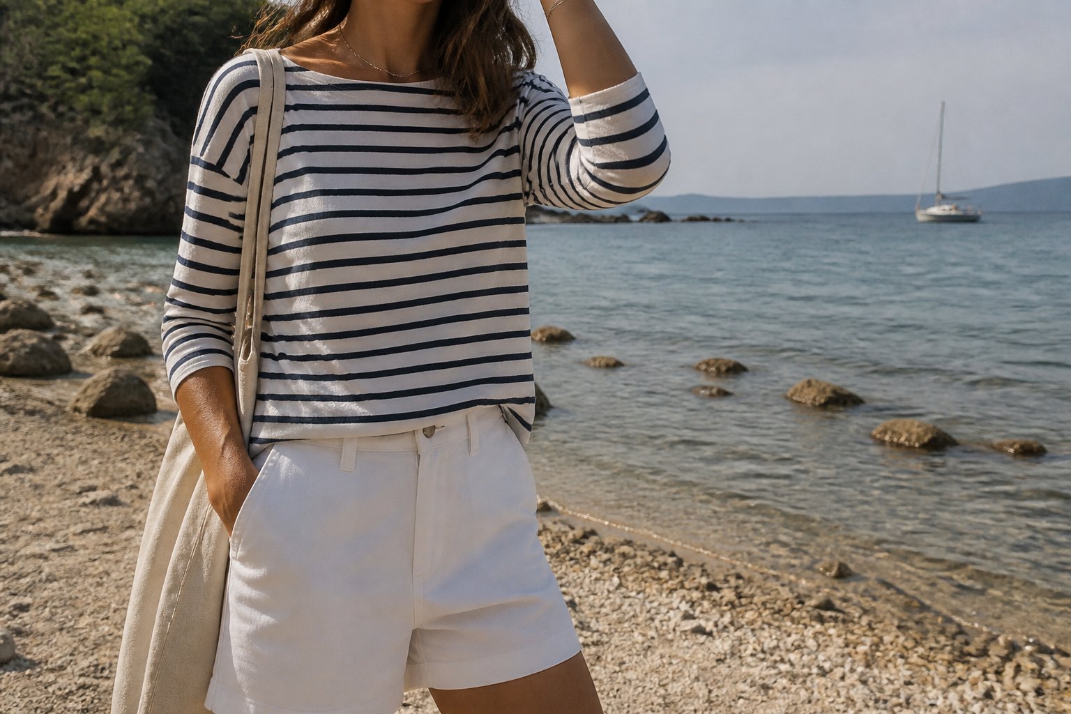 Person wearing a striped Breton tee and white shorts standing near a beach, with soft natural light and casual beach items around.
