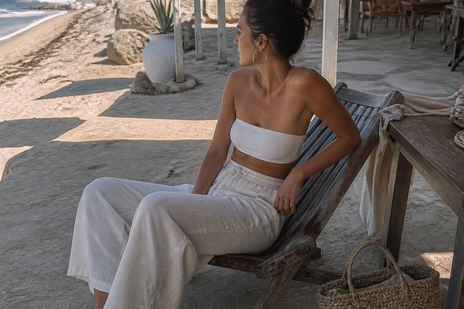 A person wearing palazzo linen trousers, a bandeau top, and gold hoop earrings stands or sits near a beach setting with natural daylight, surrounded by casual beach items.