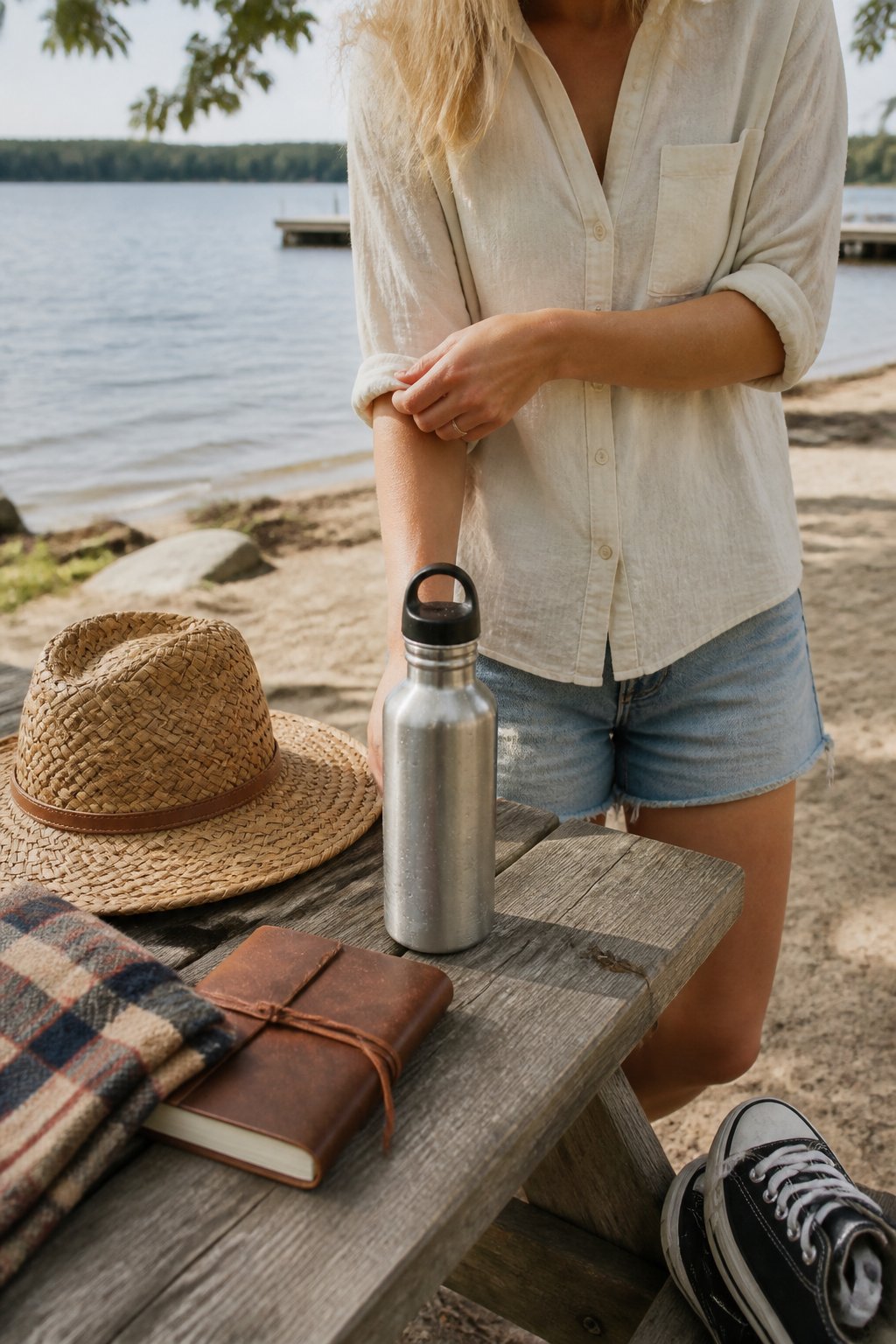 A casual lake day outfit scene featuring hands, a straw hat, canvas sneakers, and a picnic table with everyday objects like a water bottle and blanket.