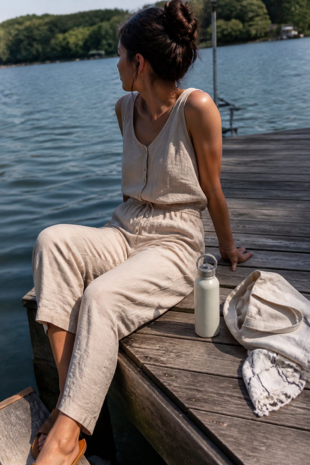 A person wearing a breathable linen jumpsuit and slide sandals standing near a lake on a wooden dock with a hand resting casually and a water bottle nearby.