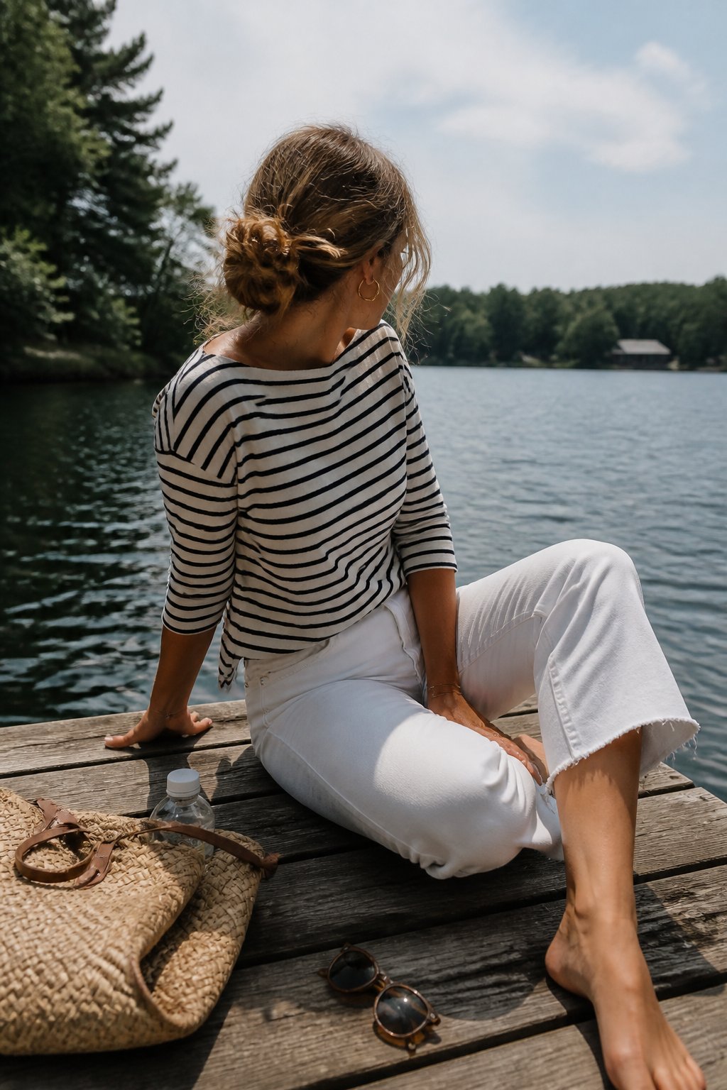 Person wearing a striped boatneck top and white cropped jeans standing outdoors near a lake with casual accessories nearby.