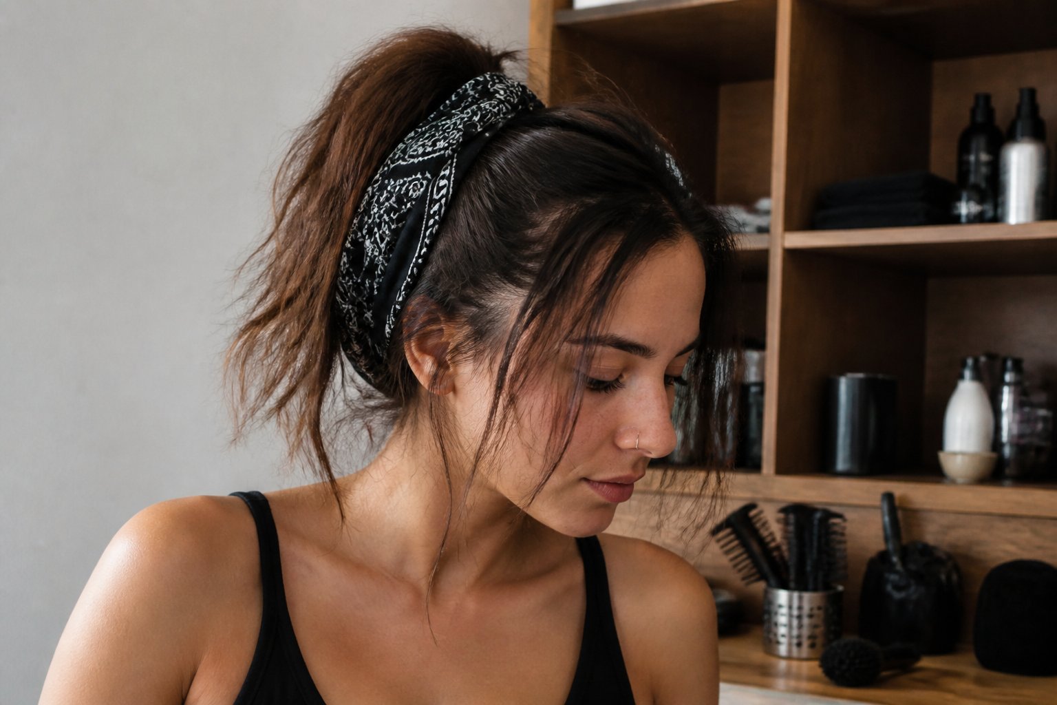A woman with a high ponytail wrapped in a paisley bandana in a casual setting with natural daylight.