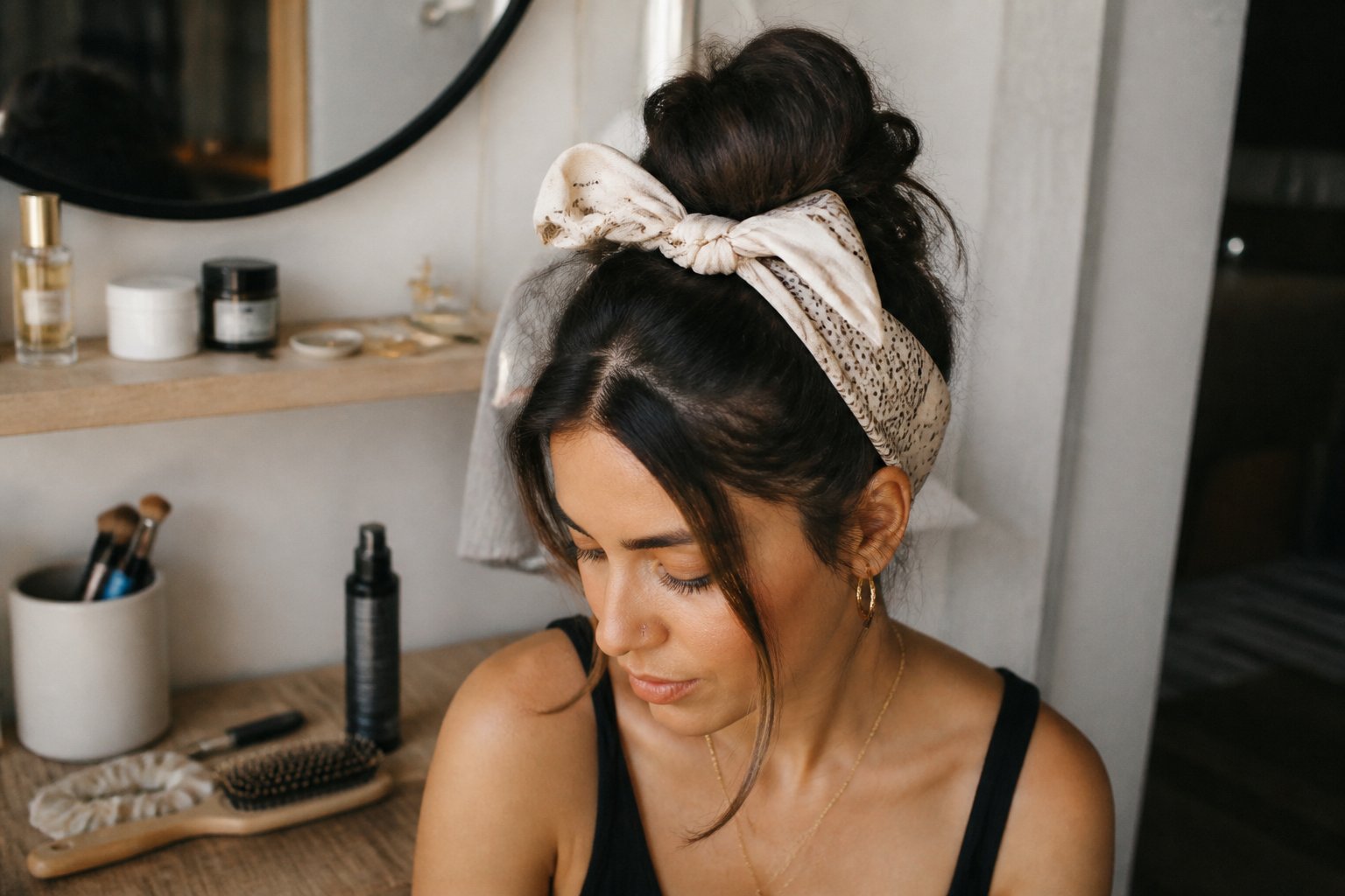 A woman with a top knot hairstyle tied with a silk bandana bow, shown in a softly lit casual setting with hair tools nearby.