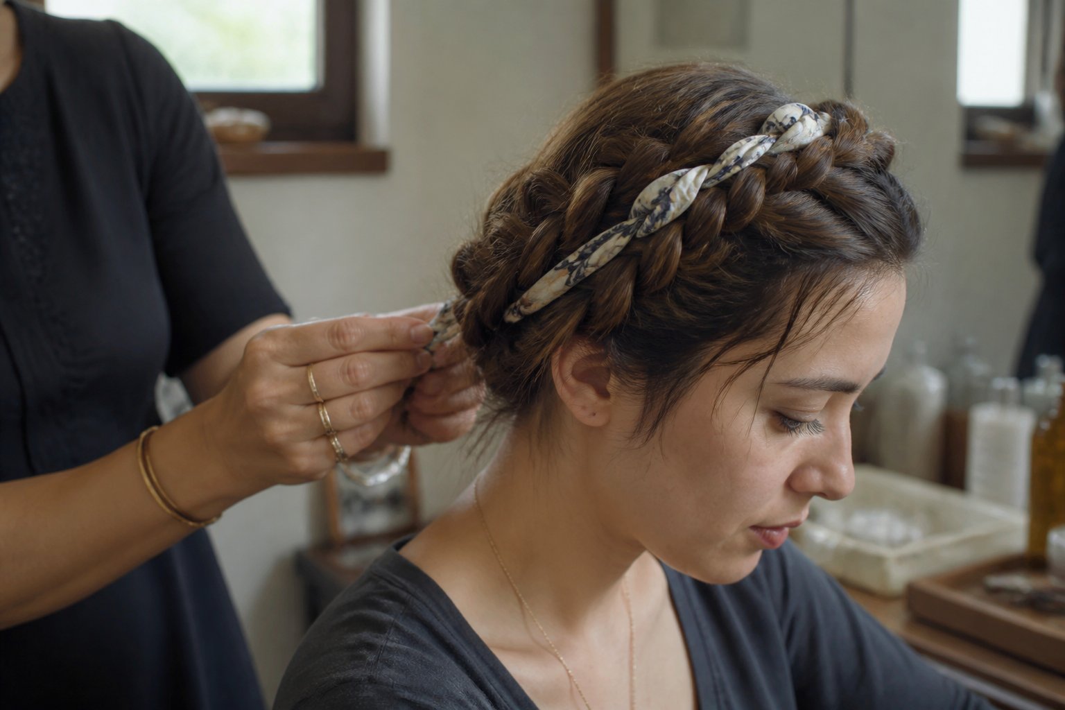 A woman with a braided crown hairstyle threaded with a thin bandana, with hands adjusting the braid and hairstyling tools nearby.