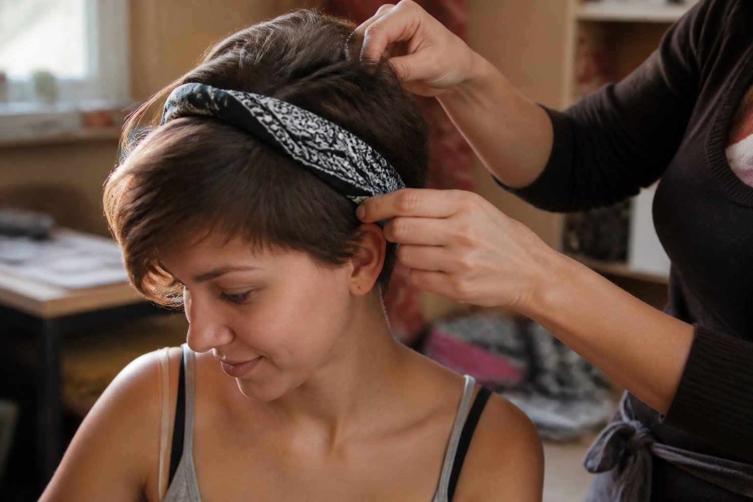 Person with a side-swept pixie haircut wearing a slim bandana headband in a softly lit casual setting, with a hand adjusting the bandana.