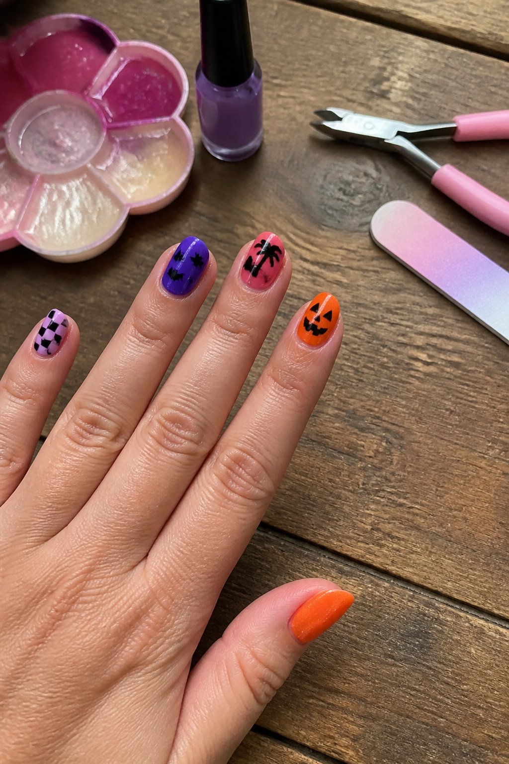 A hand with colorful summerween-themed nails resting on a wooden surface with manicure tools nearby.