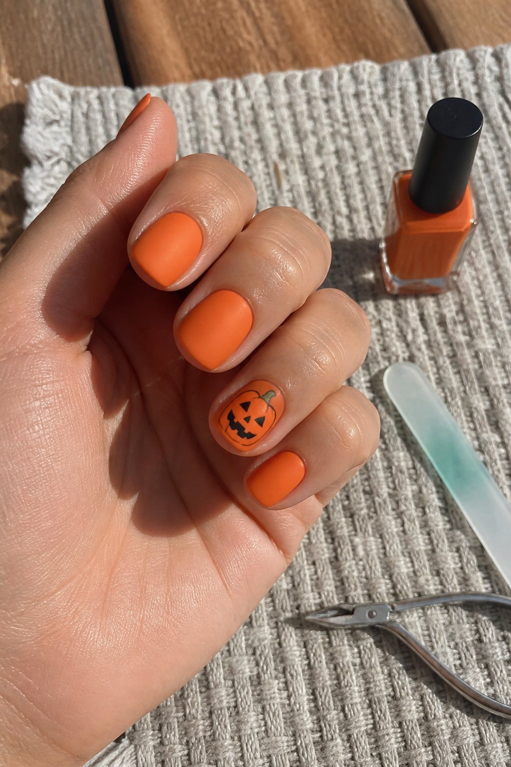Close-up of a hand with matte orange pumpkin accent nail polish, resting near manicure tools on a textured surface.