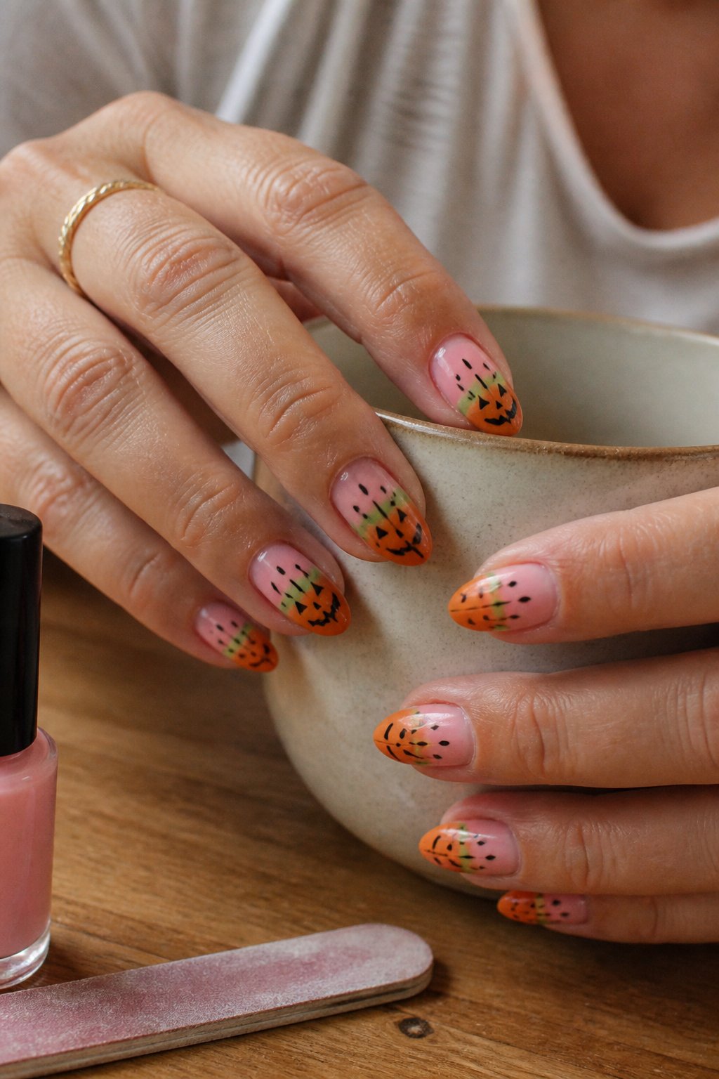 Close-up of hands with pink, green, and orange gradient nail art holding everyday objects on a softly lit surface.