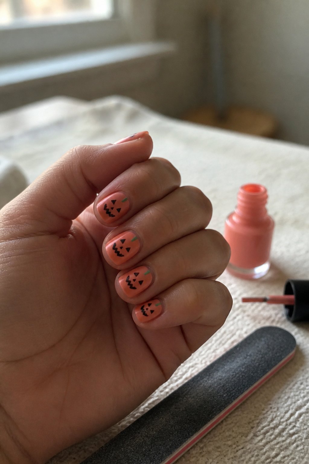 Close-up of hands with short square nails painted with small Jack-o'-lantern designs, holding manicure tools on a softly lit surface.