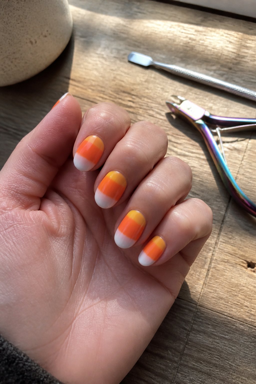 Close-up of hands with candy corn ombre nails holding manicure tools on a wooden surface in soft natural light.