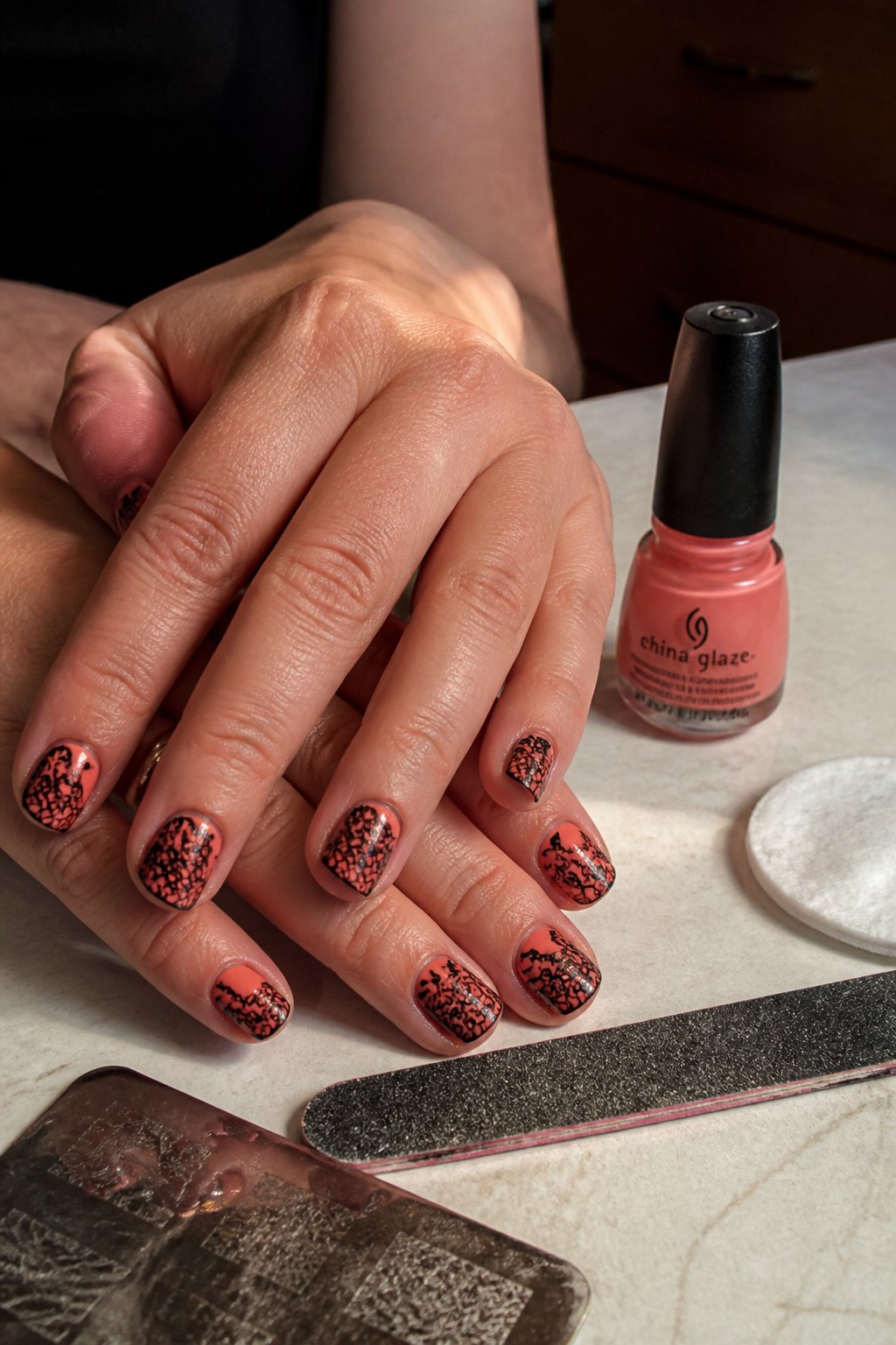 Close-up of hands with black lace nail art over coral polish, surrounded by nail care tools on a simple surface.