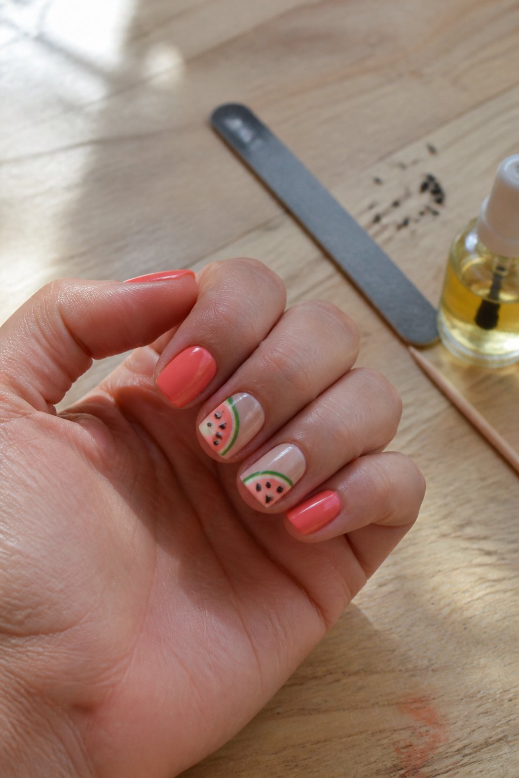 Close-up of a hand with melon slice accent nails decorated with tiny seed rhinestones resting on a wooden surface with manicure tools nearby.