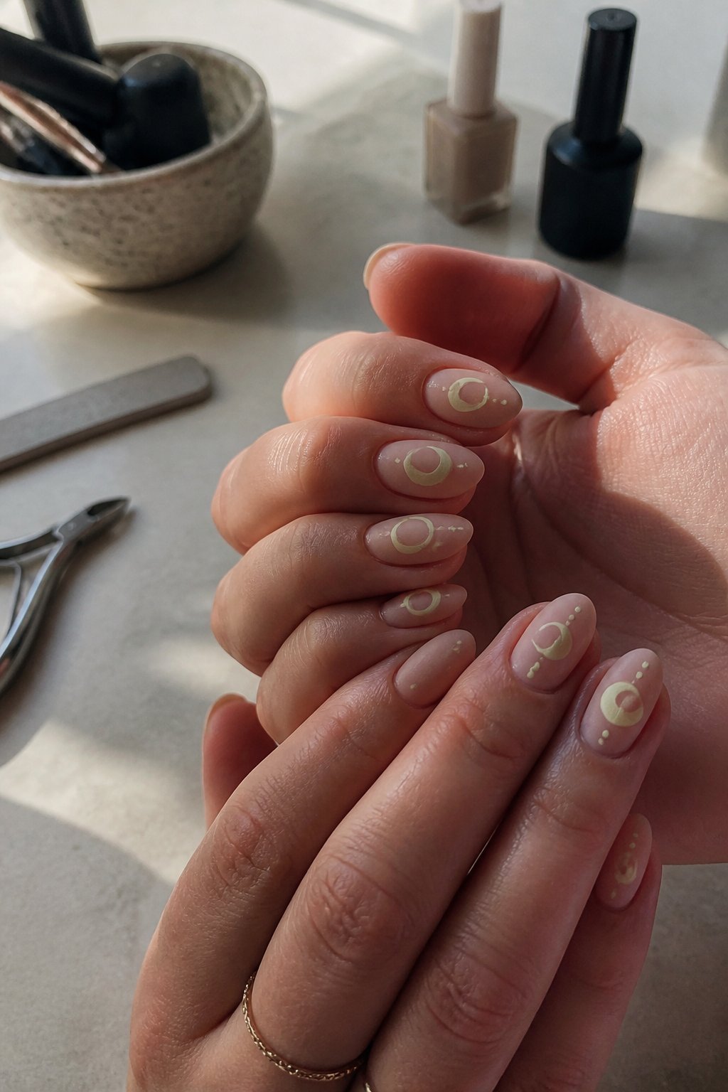Close-up of hands with nude base nails featuring glow-in-the-dark moon phases, surrounded by nail tools on a softly lit surface.