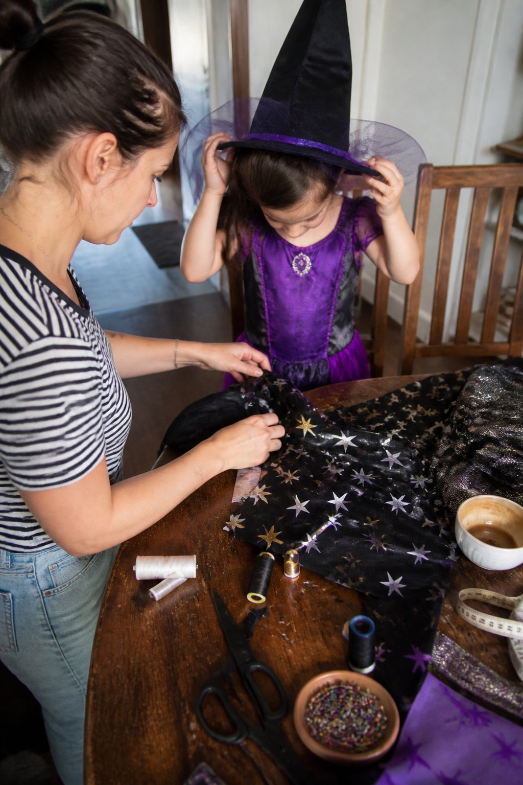 People wearing and adjusting homemade Summerween costumes in a softly lit room with natural daylight, showing hands, tools, and costume details.