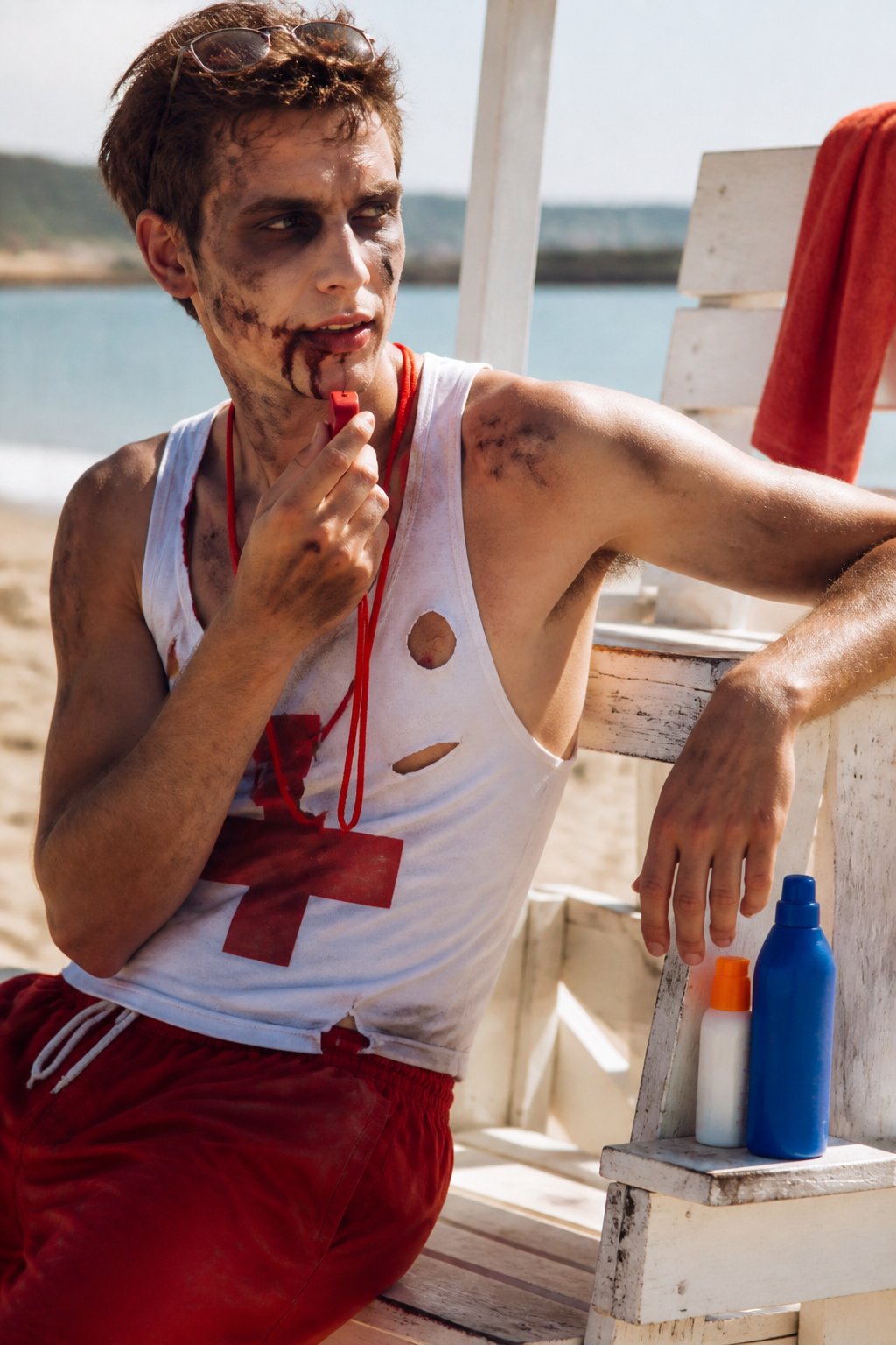 A person dressed as a zombie lifeguard with torn whistle and sandy makeup sitting on a lifeguard chair at the beach under soft daylight.