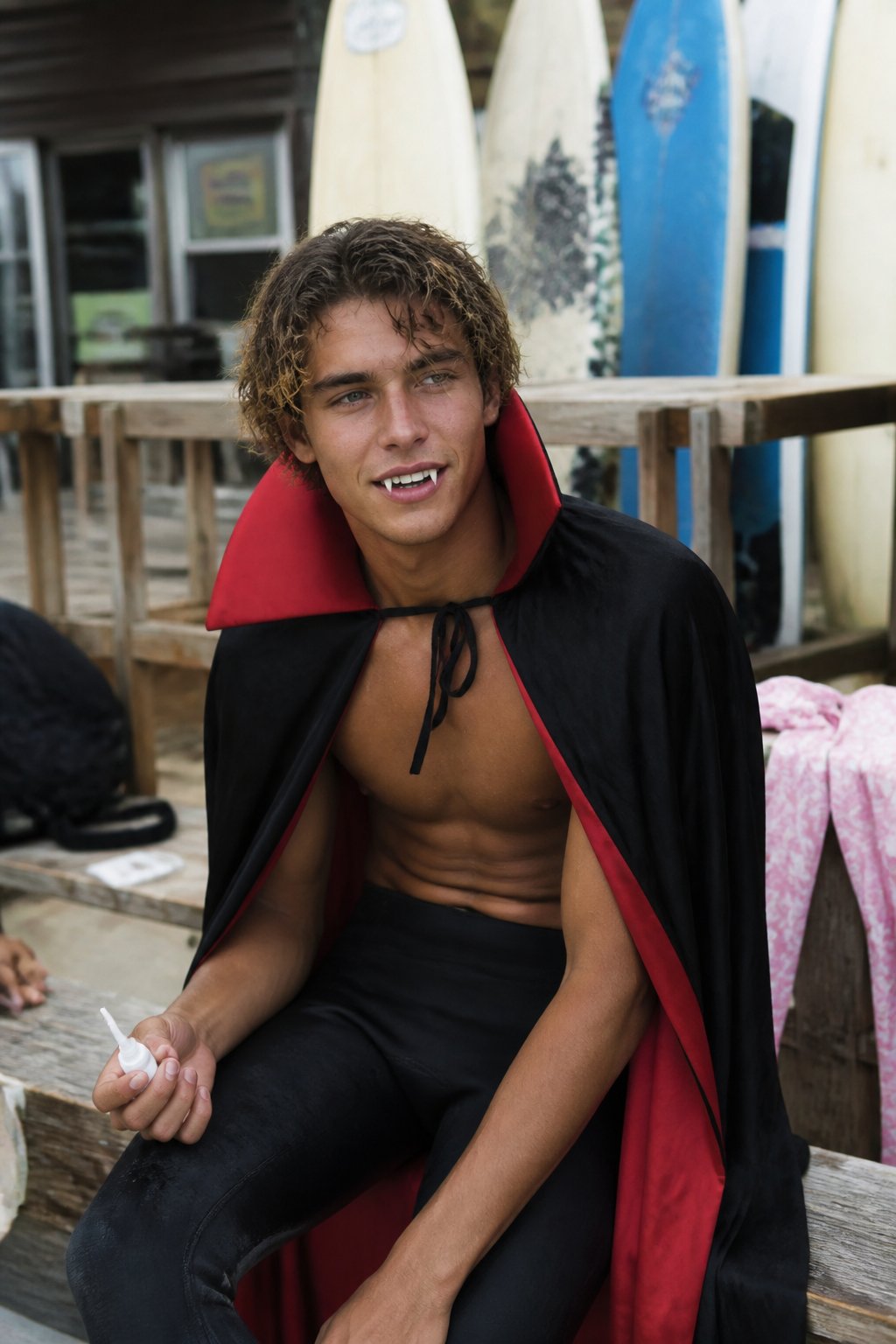 A young person with wet-look hair and faux vampire fangs poses casually with a surfboard outdoors in soft daylight.