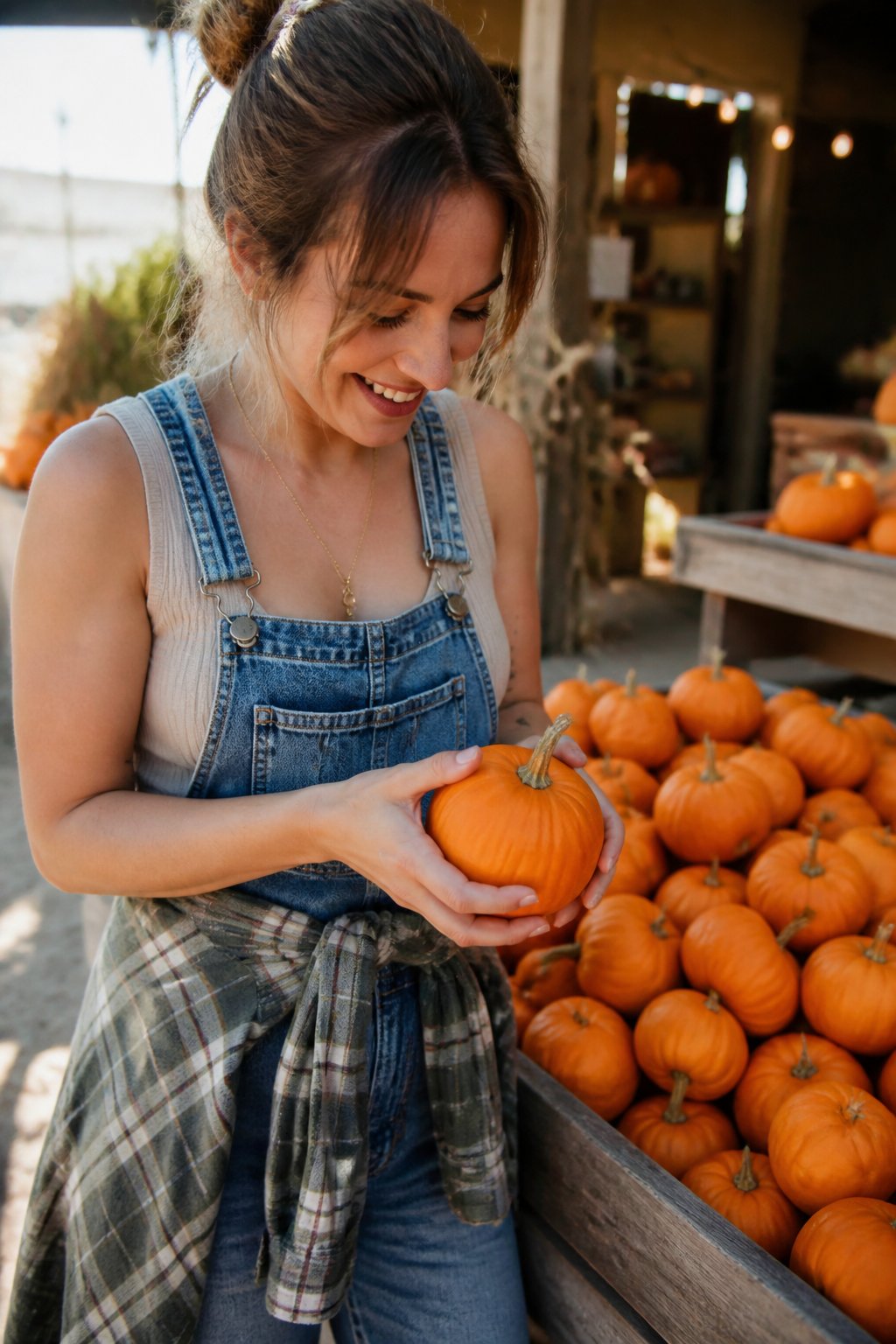 A person wearing denim overalls holding a small orange pumpkin in a pumpkin patch with wooden crates and dirt ground.
