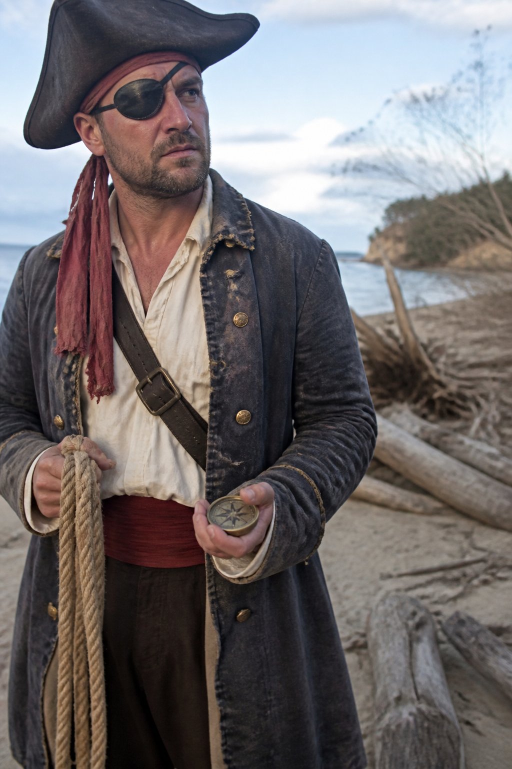 A person dressed as a pirate beach captain wearing a sun-faded coat and eye patch, standing outdoors near the beach with casual, natural lighting.