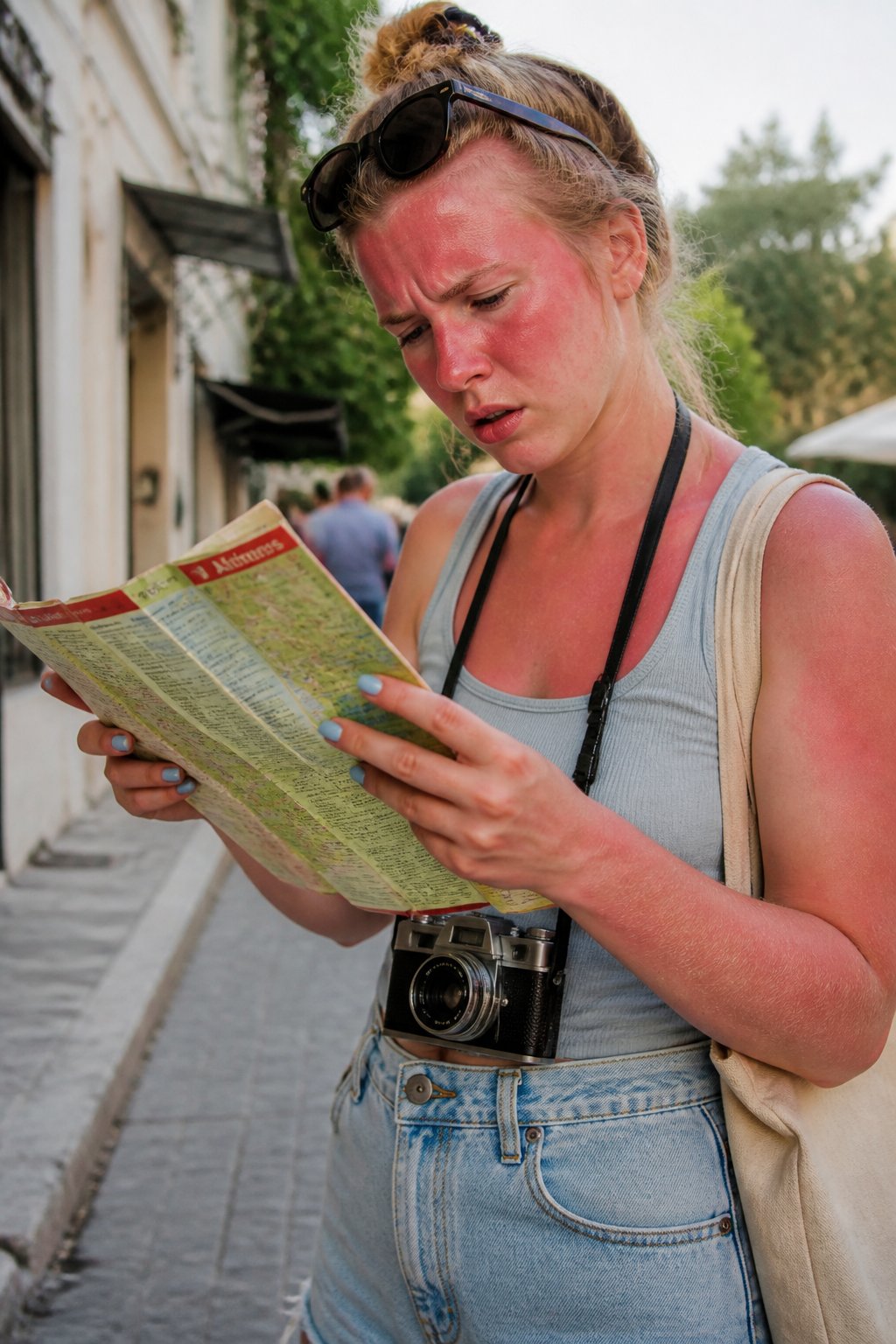 A person with exaggerated sunburn makeup holding a map and a camera, preparing for a Summerween costume in soft daylight.