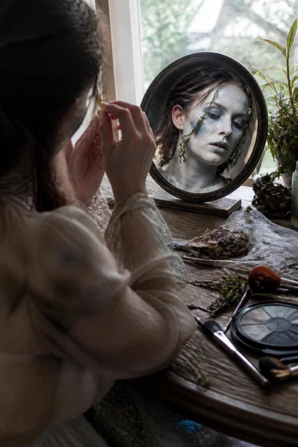 A person applying porcelain-look makeup with seaweed accents for a Summerween costume, surrounded by makeup tools and natural materials on a wooden table.
