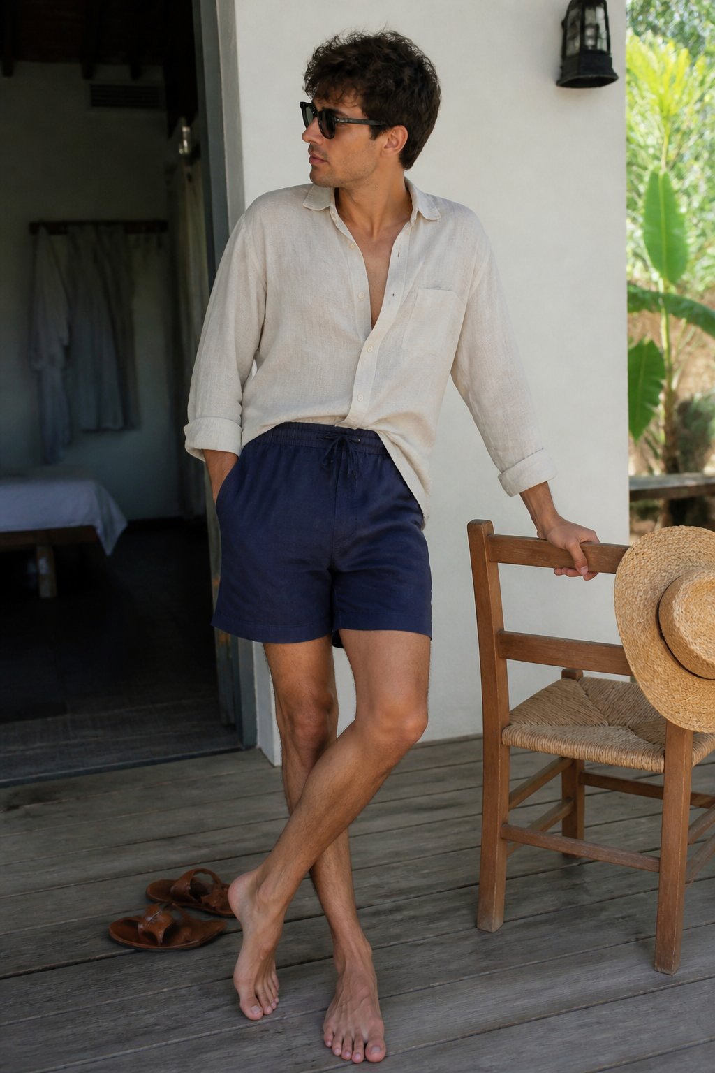 A person wearing a linen button-up shirt and high-waist swim shorts sits casually near a wooden chair with a straw hat and sandals nearby, bathed in soft daylight on an island vacation.