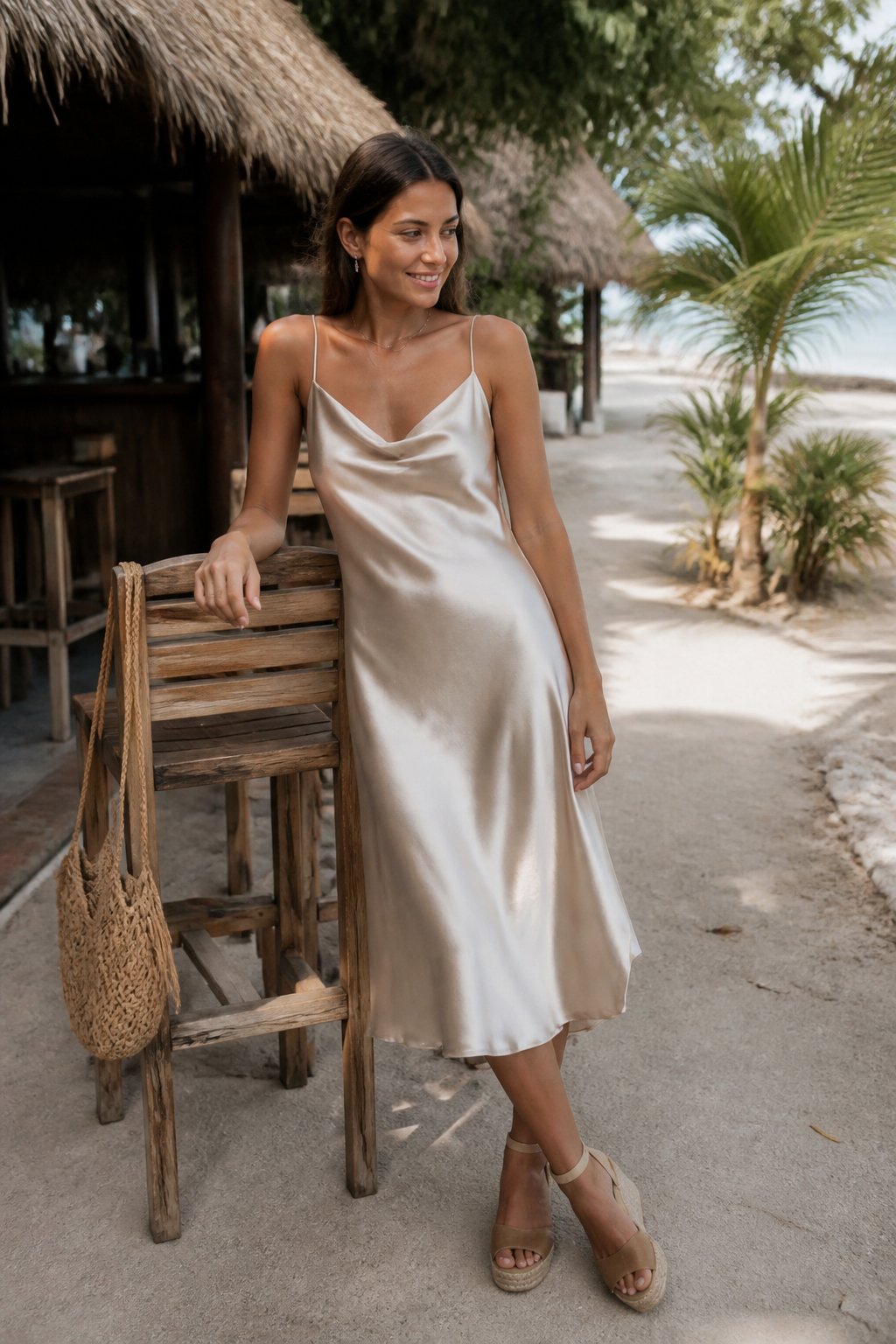 A woman wearing a satin slip dress and espadrille wedges stands outdoors on an island, with natural daylight and casual surroundings including a wooden chair and a straw hat nearby.