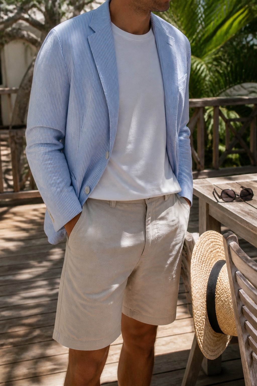 A person outdoors wearing a striped seersucker blazer over a white t-shirt and beige shorts, standing near tropical plants and a wooden deck with a straw hat and sunglasses nearby.