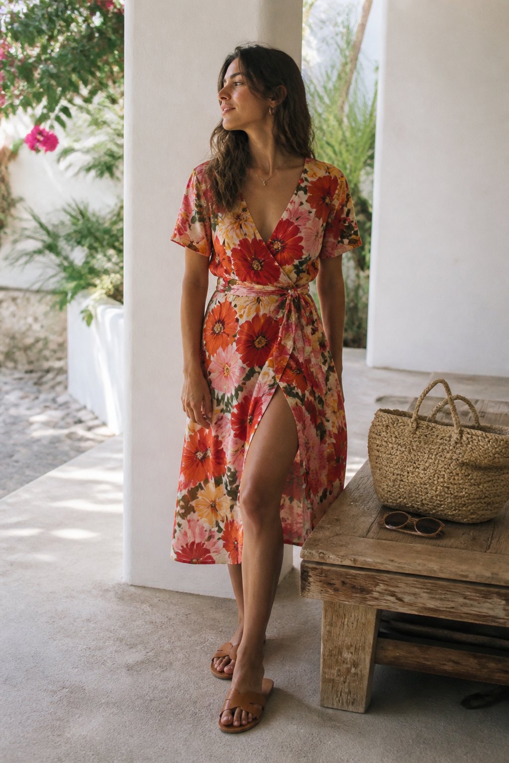 A woman wearing a bold floral wrap dress and flat leather sandals stands near a wooden bench with a woven bag and sunglasses, bathed in soft daylight.