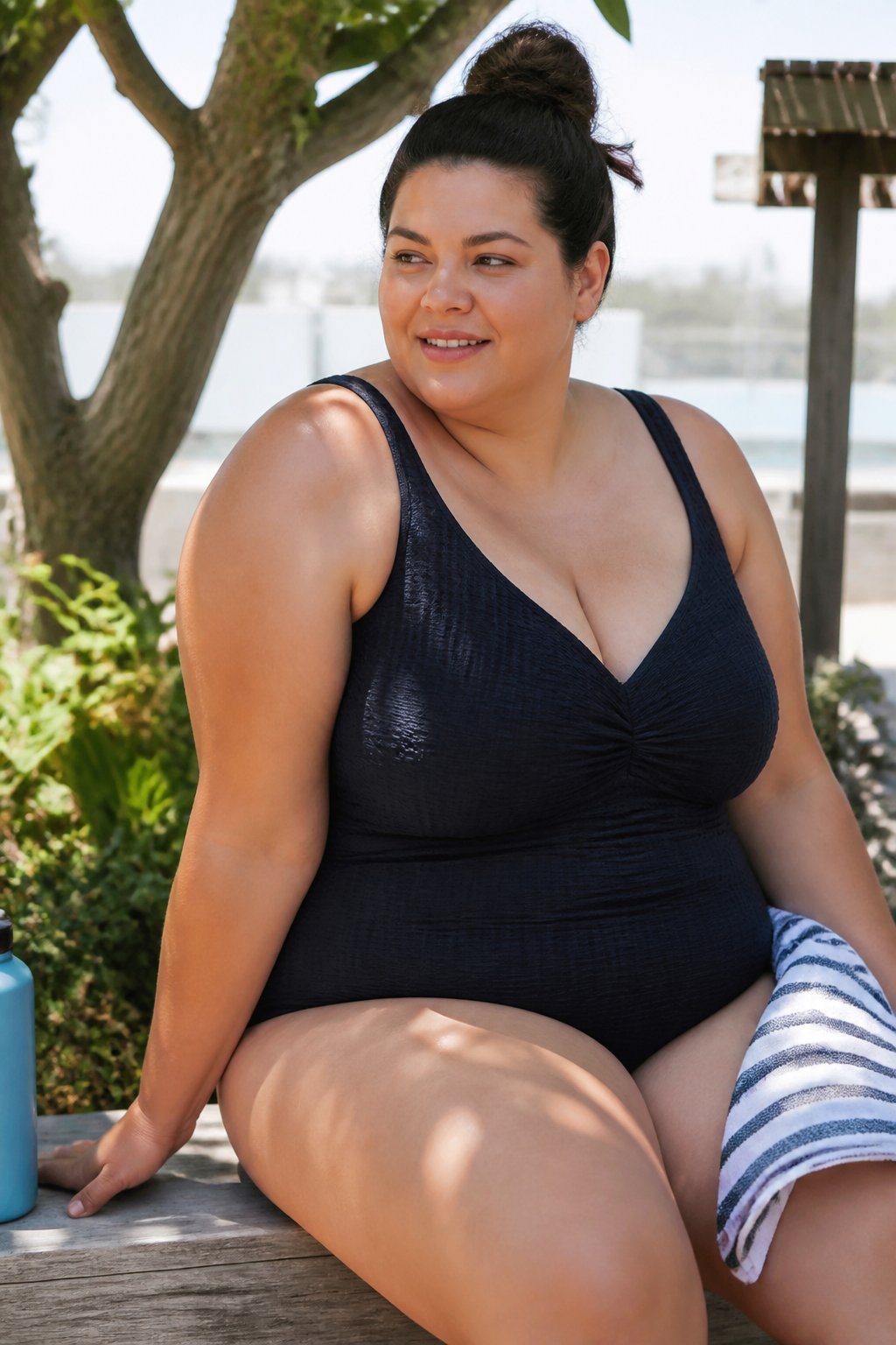 A plus size woman wearing a textured one-piece bathing suit by a pool, with soft daylight and casual surroundings including a towel and sunglasses.