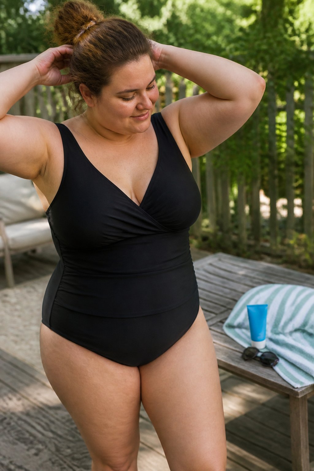 A plus size woman wearing a Spanx shapewear swimsuit stands outdoors near a pool, adjusting her swimsuit with casual confidence in natural daylight.