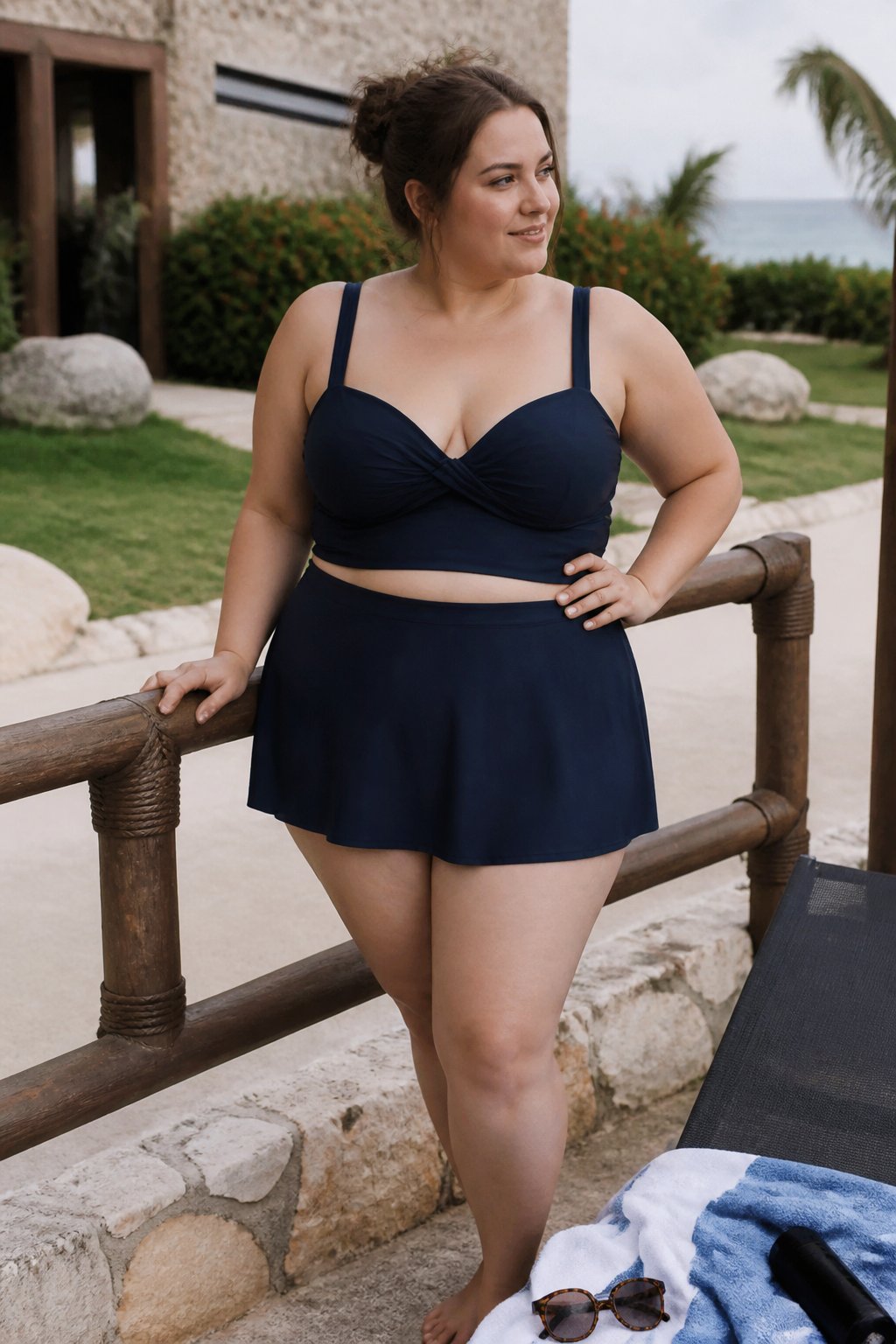 A plus size woman wearing a swim skort stands outdoors near a pool, with natural daylight and casual surroundings including a beach towel and sunglasses.