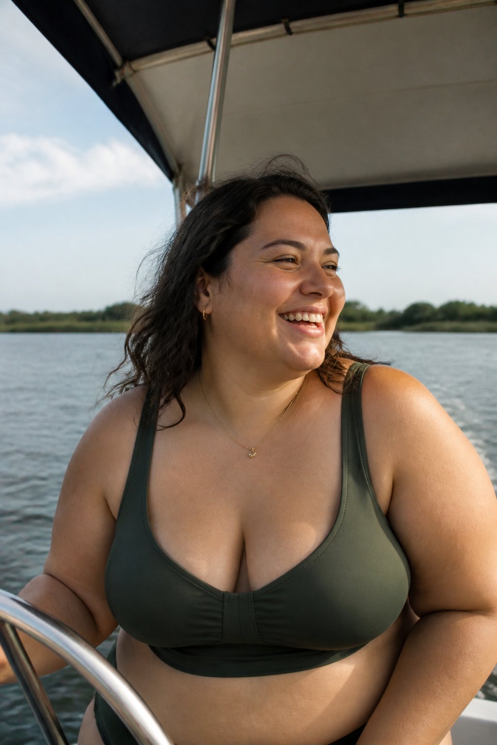 A plus-size woman wearing a longline bikini top stands outdoors in soft daylight, with natural shadows and a relaxed, candid pose.