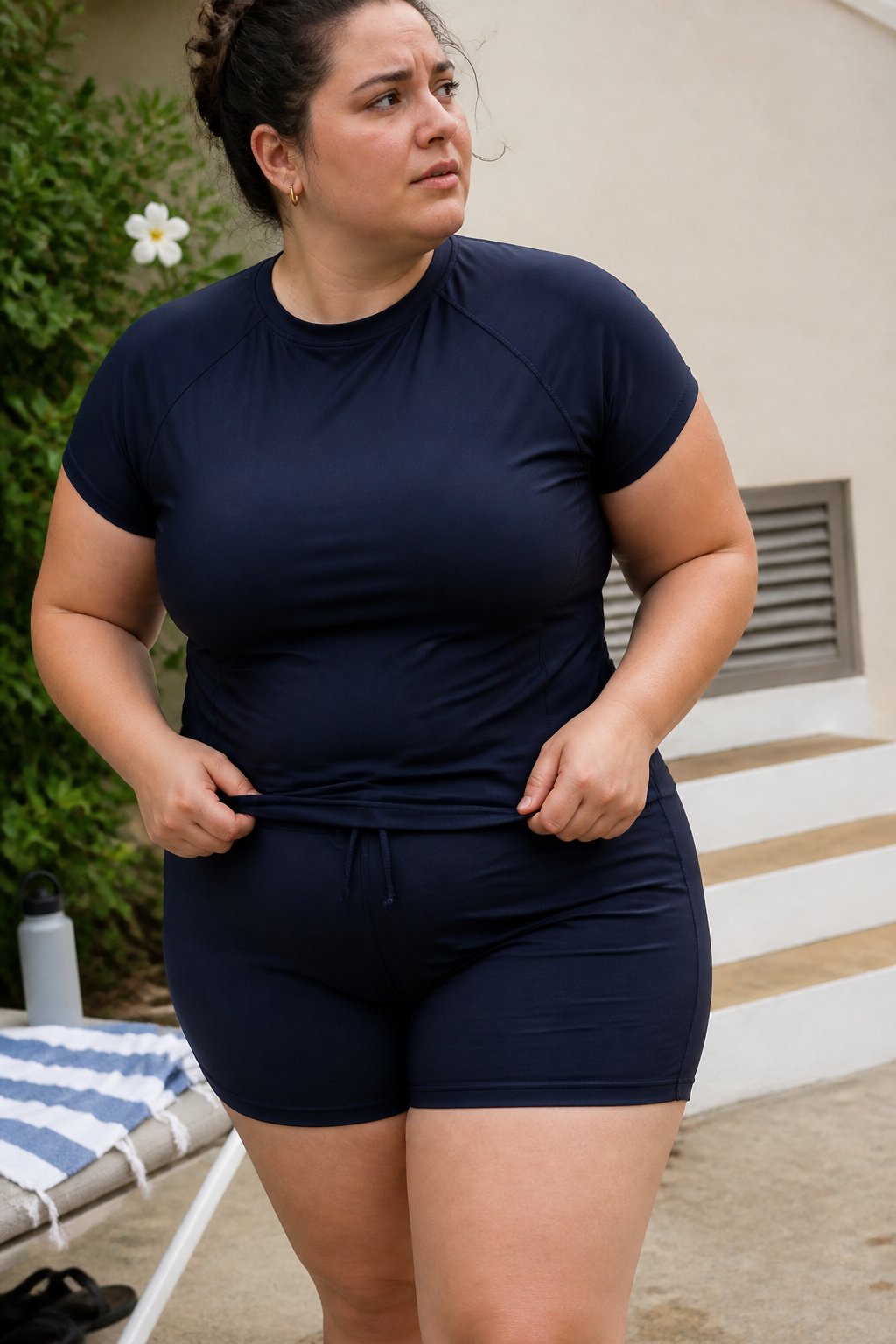 A plus size woman wearing a swim tee and shorts set stands near a pool, adjusting her top with natural daylight illuminating the scene.