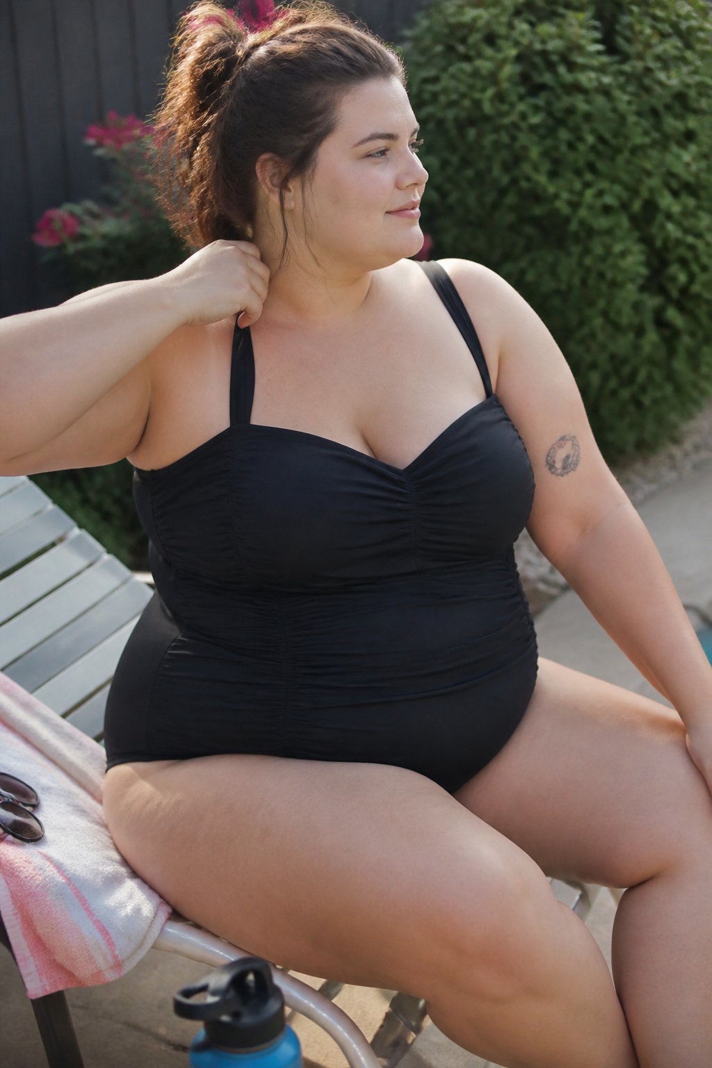 Plus-size woman wearing a black ruched one-piece bathing suit sitting outdoors near a pool with natural daylight and casual surroundings.