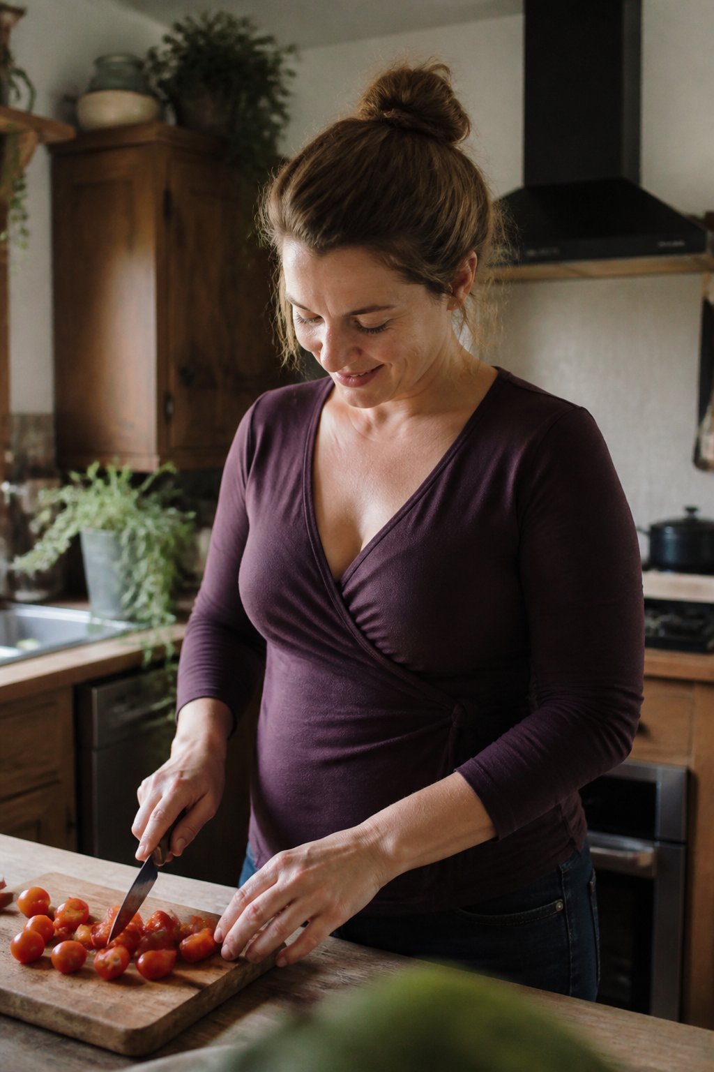 A woman wearing a deep V wrap-front blouse stands casually in soft daylight, surrounded by everyday objects and tools.