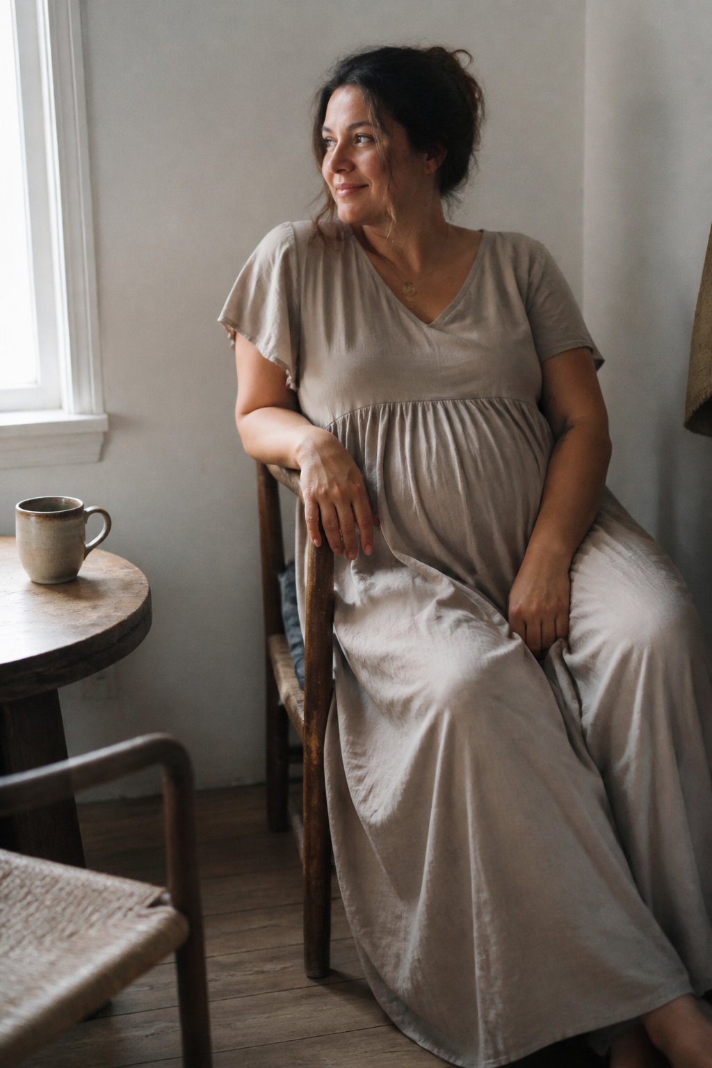 A woman wearing an empire-waist maxi dress stands indoors near a wooden chair with a ceramic mug nearby, softly lit by natural daylight.