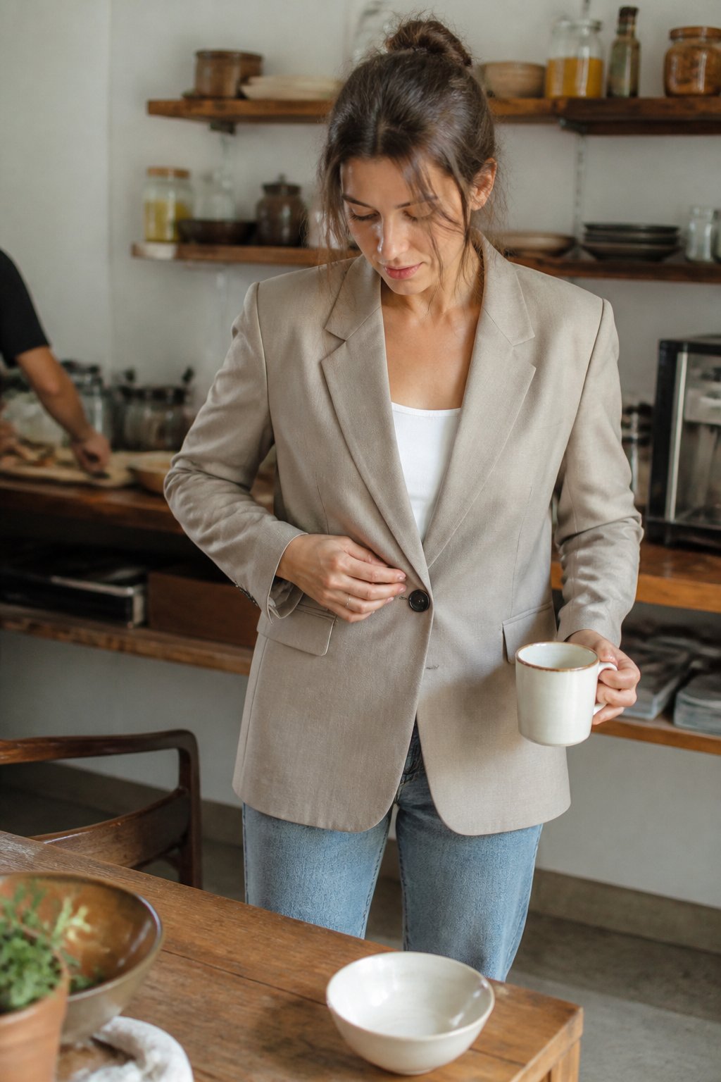 A woman wearing a structured blazer with a single-button closure, casually standing in soft daylight with natural shadows, holding a coffee mug in a relaxed indoor setting.