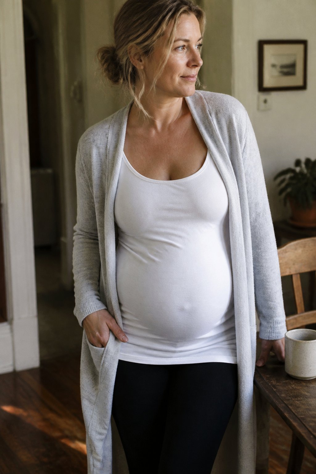 A woman wearing a longline camisole under an open cardigan stands casually indoors with soft daylight coming through a window, surrounded by everyday objects.