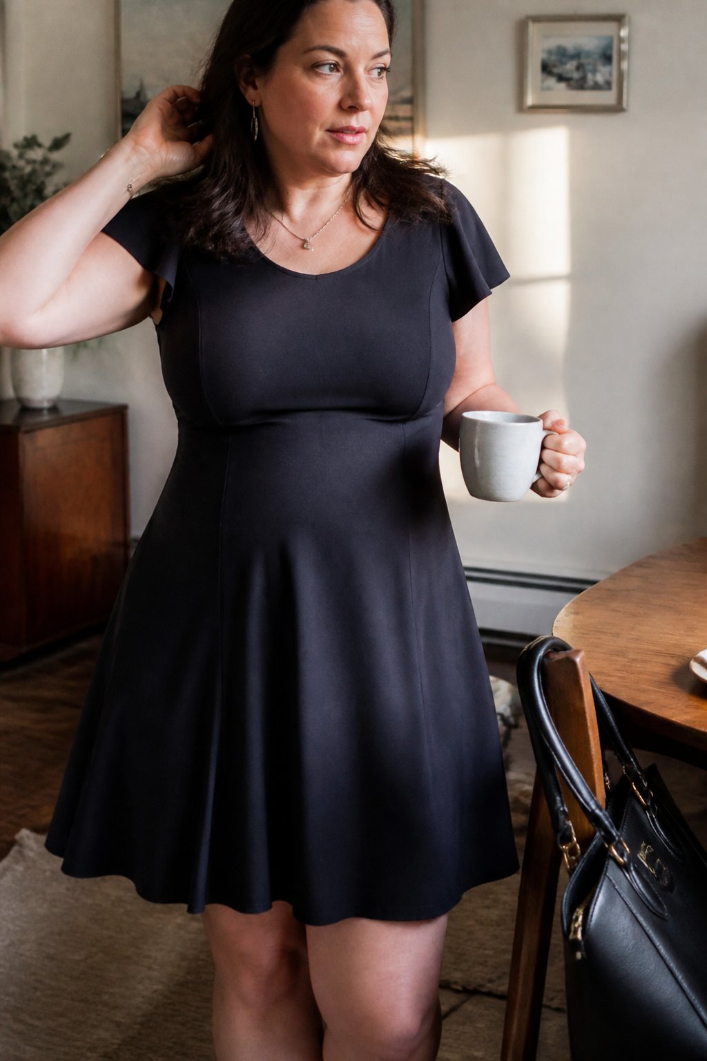 A woman wearing a fit-and-flare dress with contoured seams is standing in a softly lit room, adjusting her dress. The scene includes natural textures and casual objects around her.