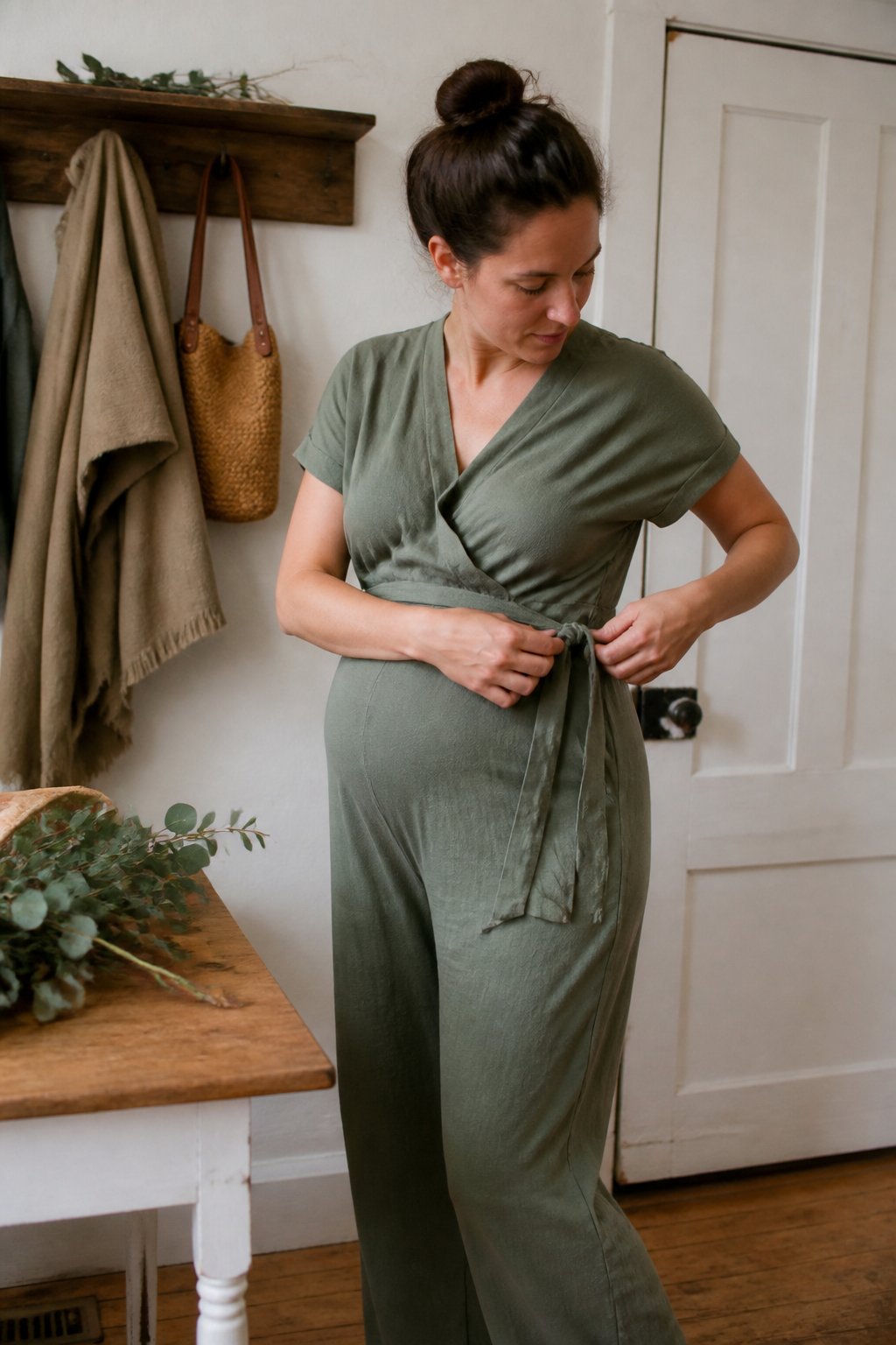 A woman wearing a cross-front wrap jumpsuit with an adjustable tie, standing casually in a softly lit room with natural daylight and everyday household items around her.