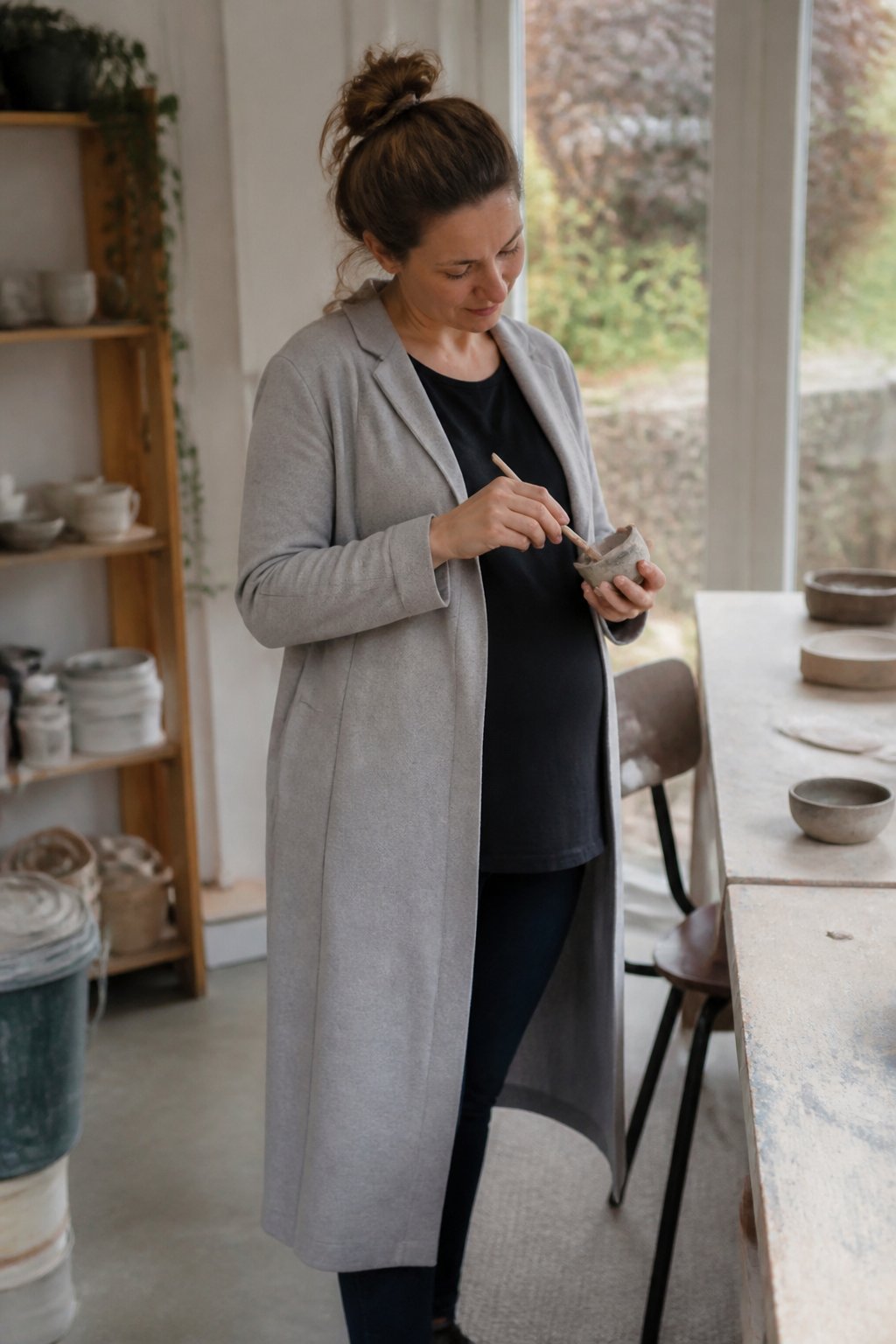 A woman wearing a duster coat with vertical seams stands casually in a softly lit room with natural daylight, surrounded by everyday objects.