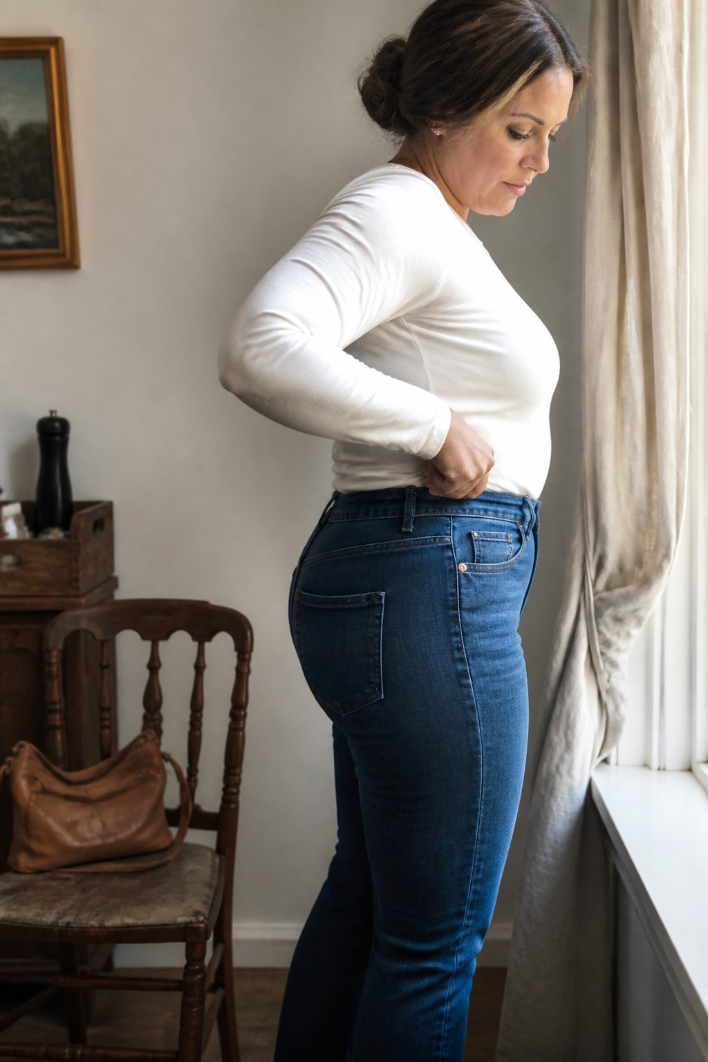 A woman wearing high-rise denim jeans with a contoured yoke stands near a window in soft daylight, with casual objects around her and natural shadows on the scene.