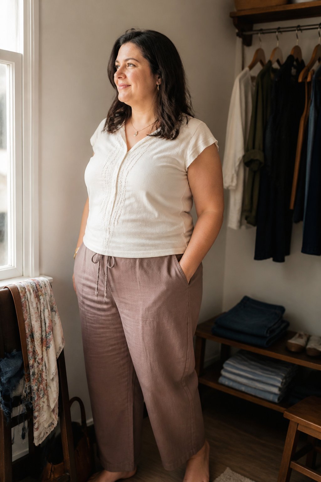 A woman wearing a comfortable outfit stands near a window with soft daylight, surrounded by casually arranged clothing and accessories in a cozy room.
